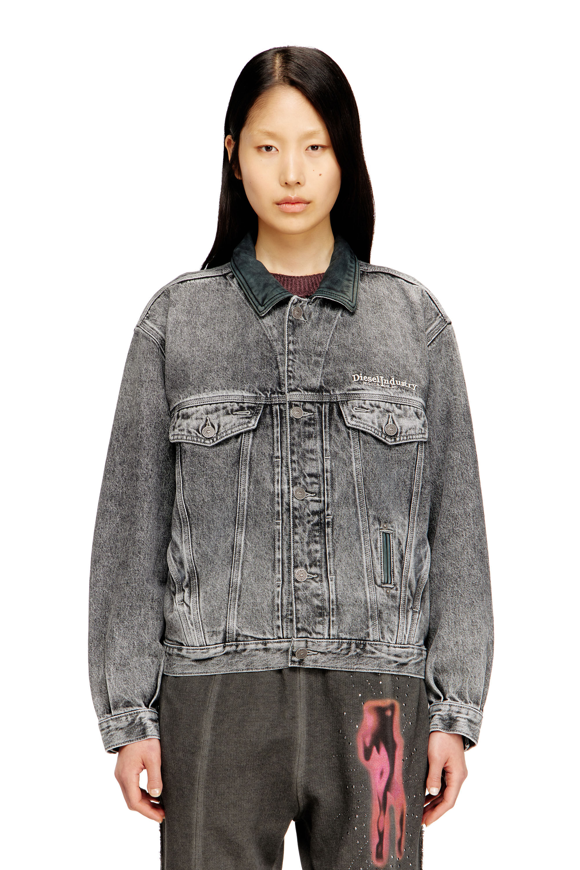 Diesel - D-DENVER-S, Unisex's Denim trucker jacket with tonal leather trims in null - 5