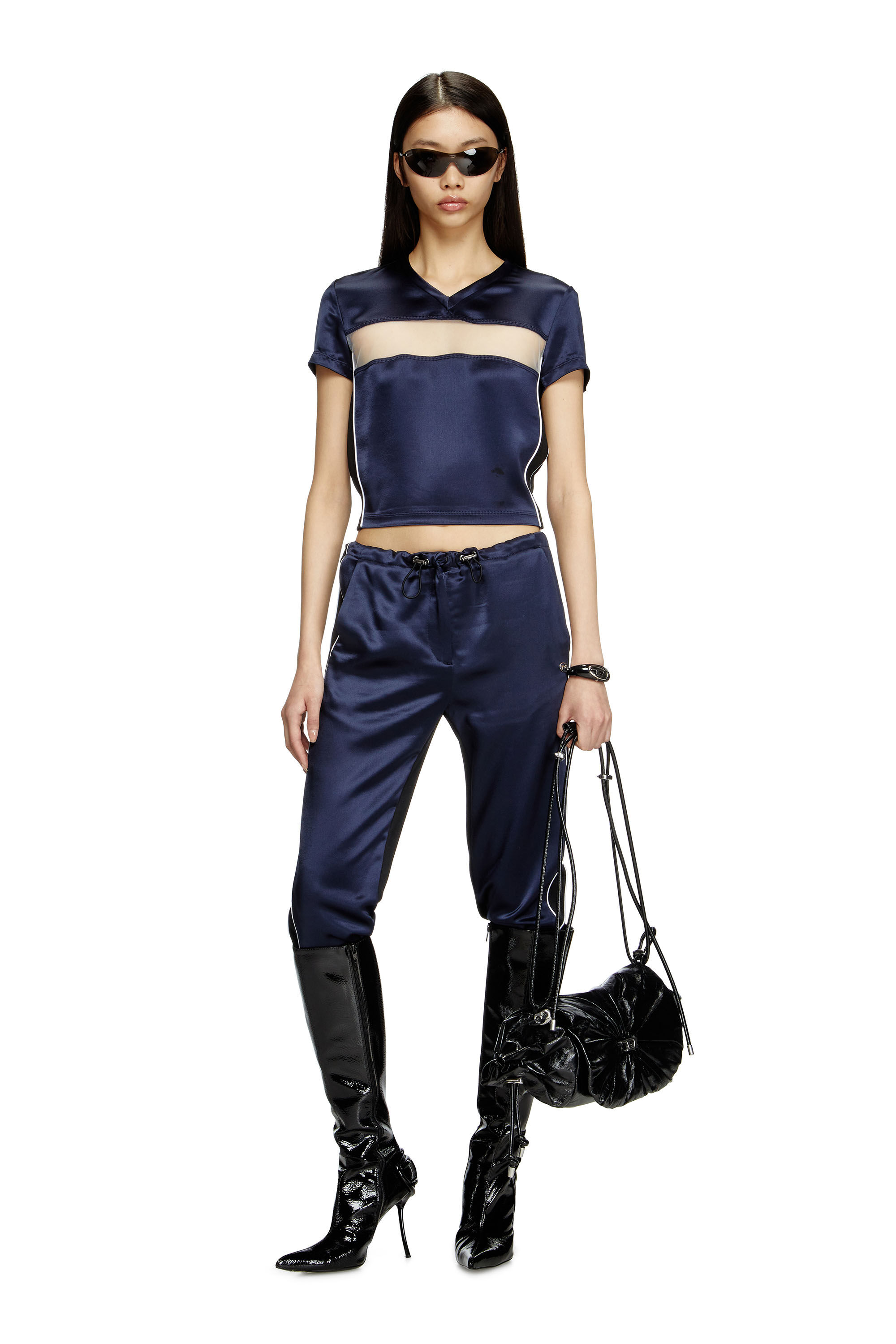 Diesel - T-RACE, Woman's Cropped T-shirt in satin, knit and tulle in Dark Blue - 1