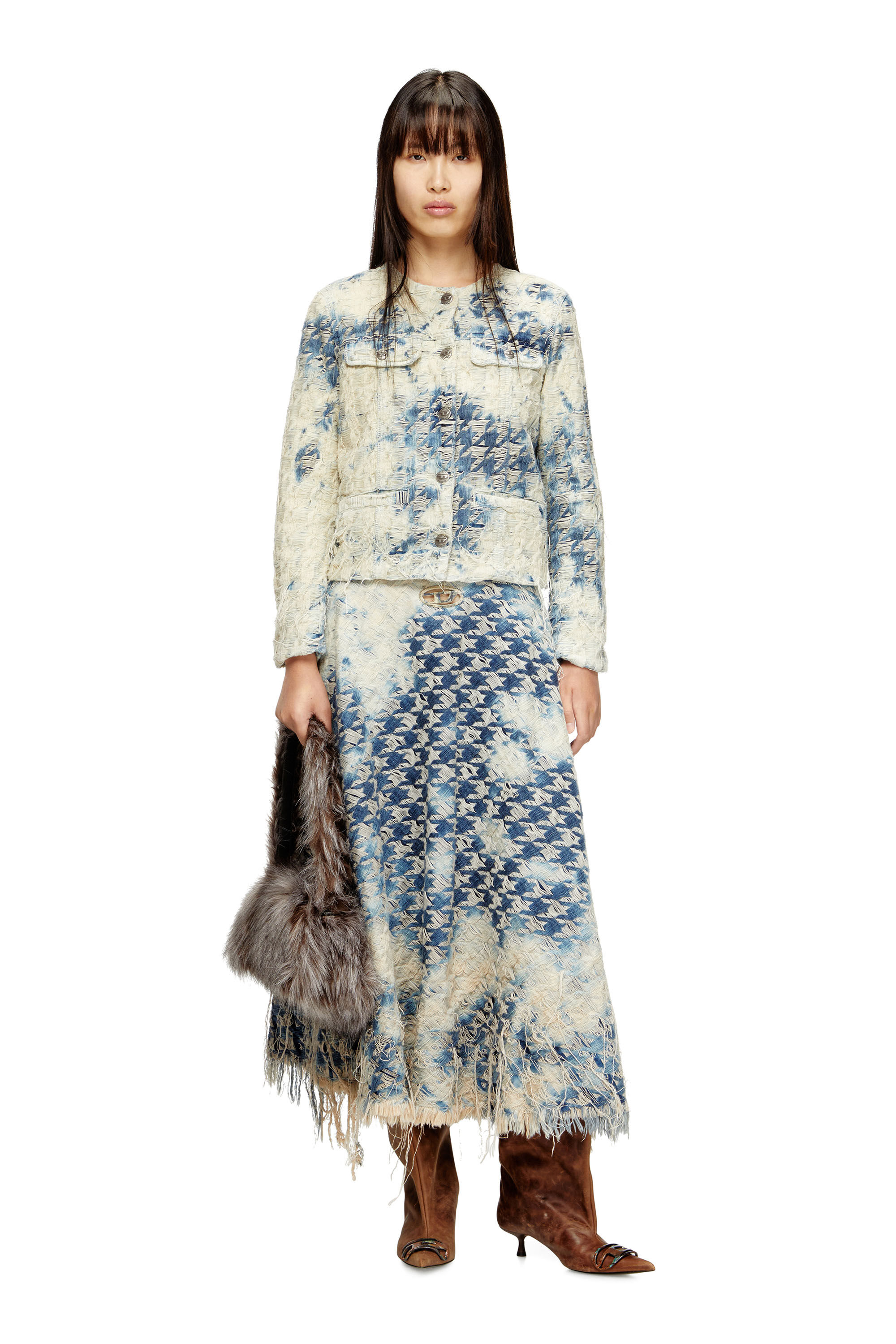 Diesel - DE-ANNET-FSH1, Woman's Midi skirt in houndstooth-weave denim in Medium blue - 1