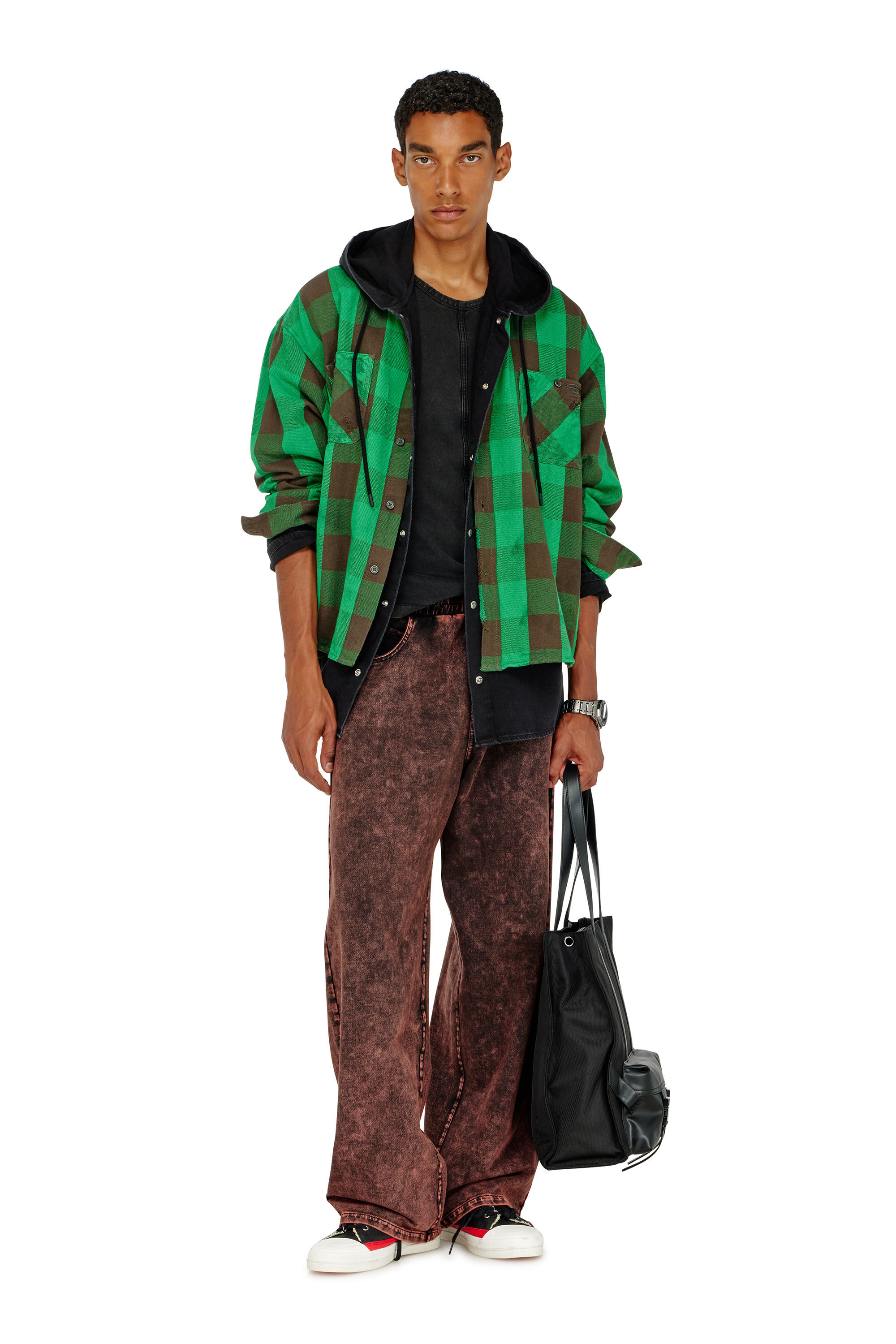 Diesel - S-DRUM, Man's Check flannel shirt with distressed effect in Green/Brown - 1
