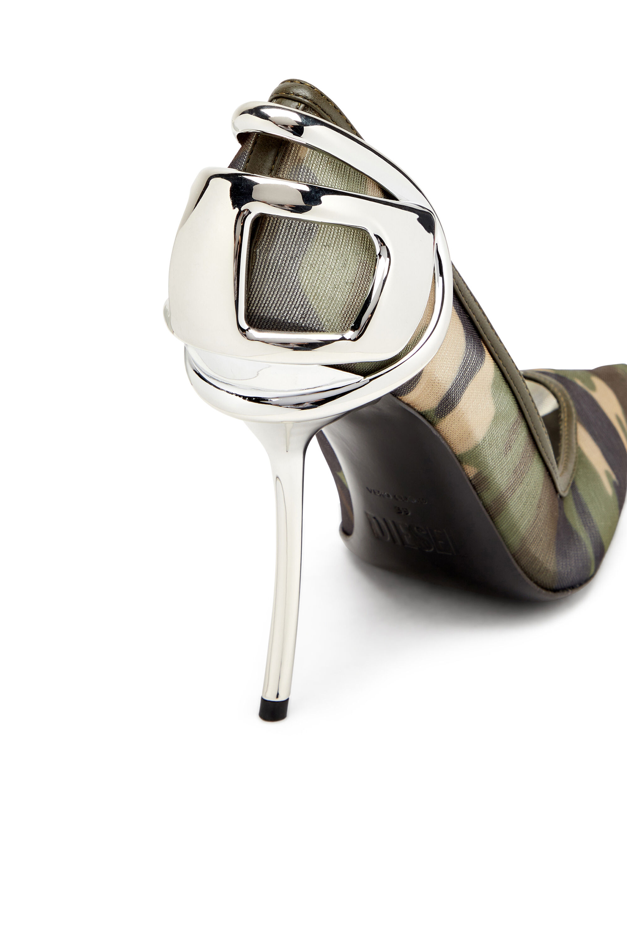 Diesel - D-TEN&HALF P, Woman's D-Ten&Half-Camo-mesh pumps with curved heel in Military Green - 4