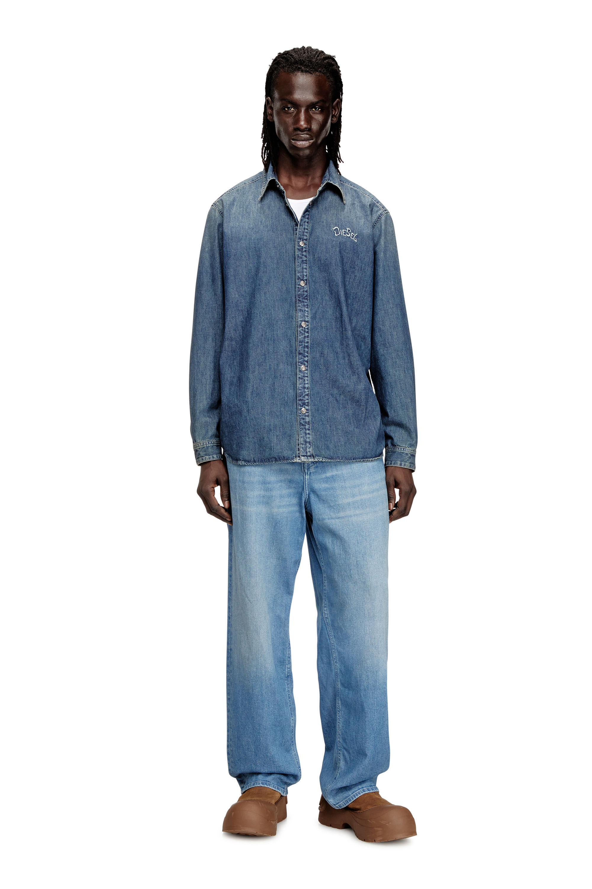 Diesel - D-SIMPLY-S15, Man's Denim shirt with embroidered emblem in Blue - 1