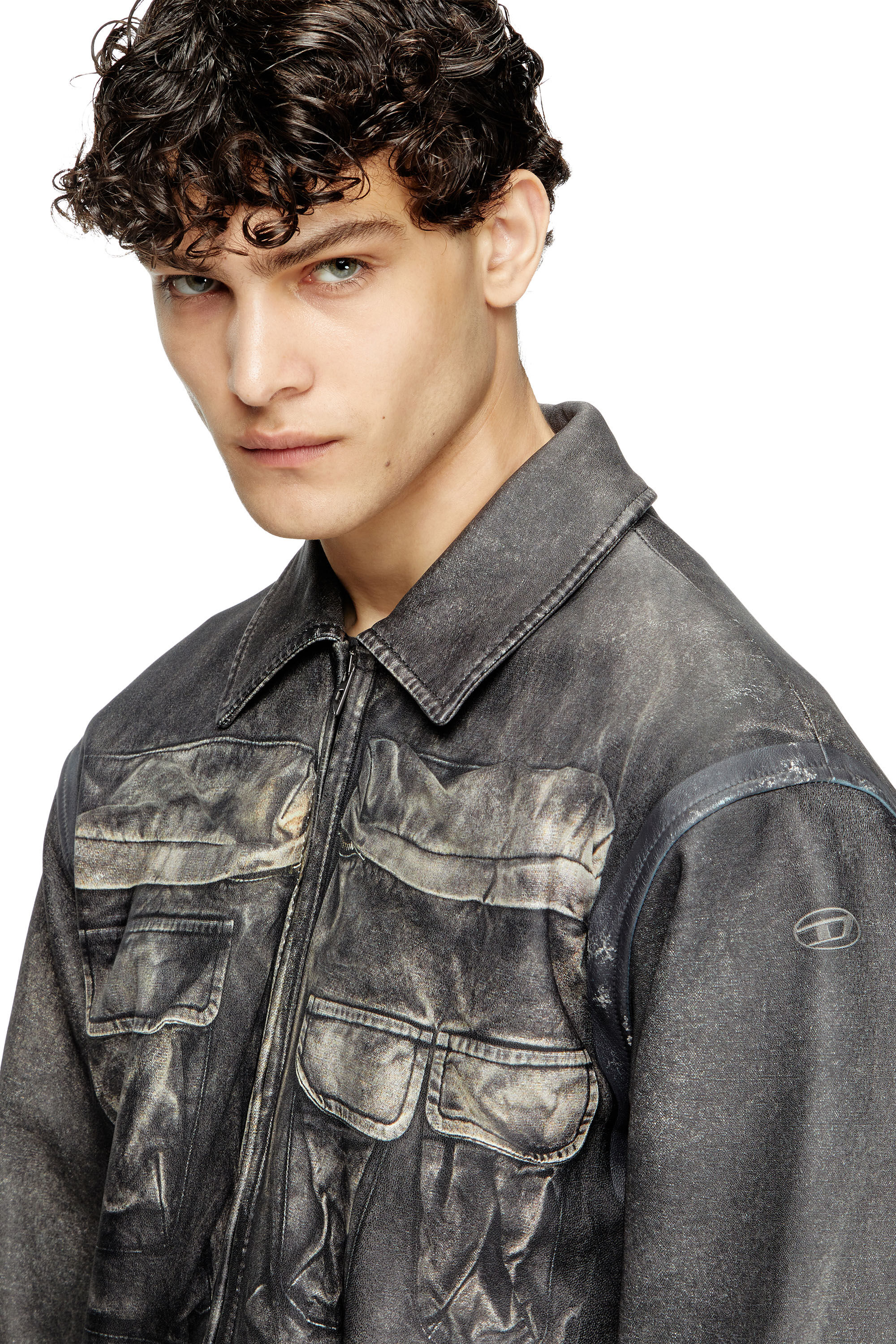 Diesel - L-MAYER, Man's Leather jacket with trompe l'oeil pockets in Black - 5