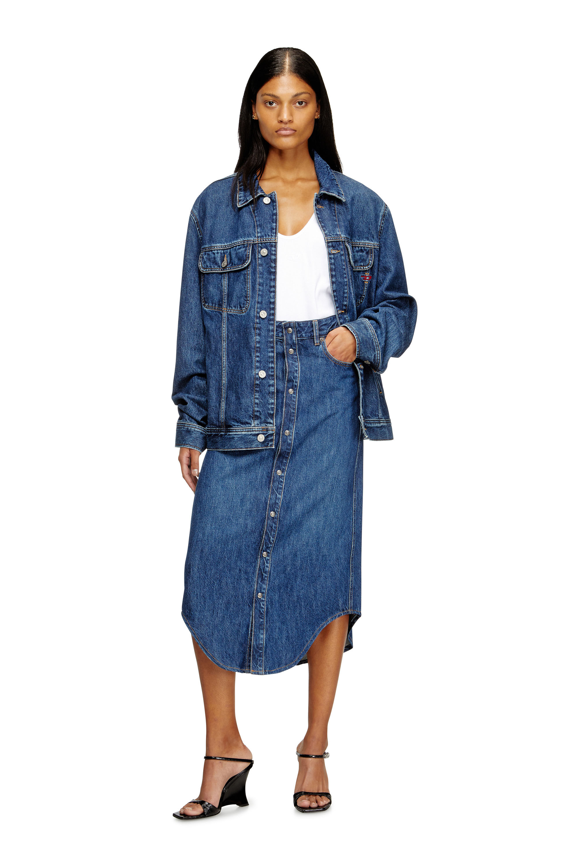 Diesel - DE-ARD-LONG, Woman's Denim skirt with front buttons in Blue - 1