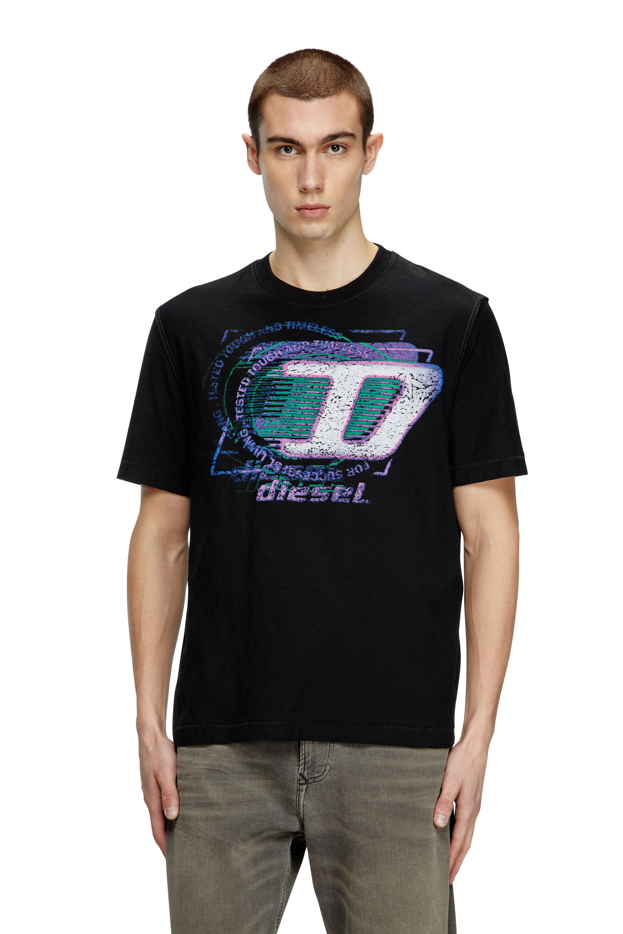 Diesel - T-ADJUST-R11, Man's Slub cotton T-shirt with flocked logo in Black - 3