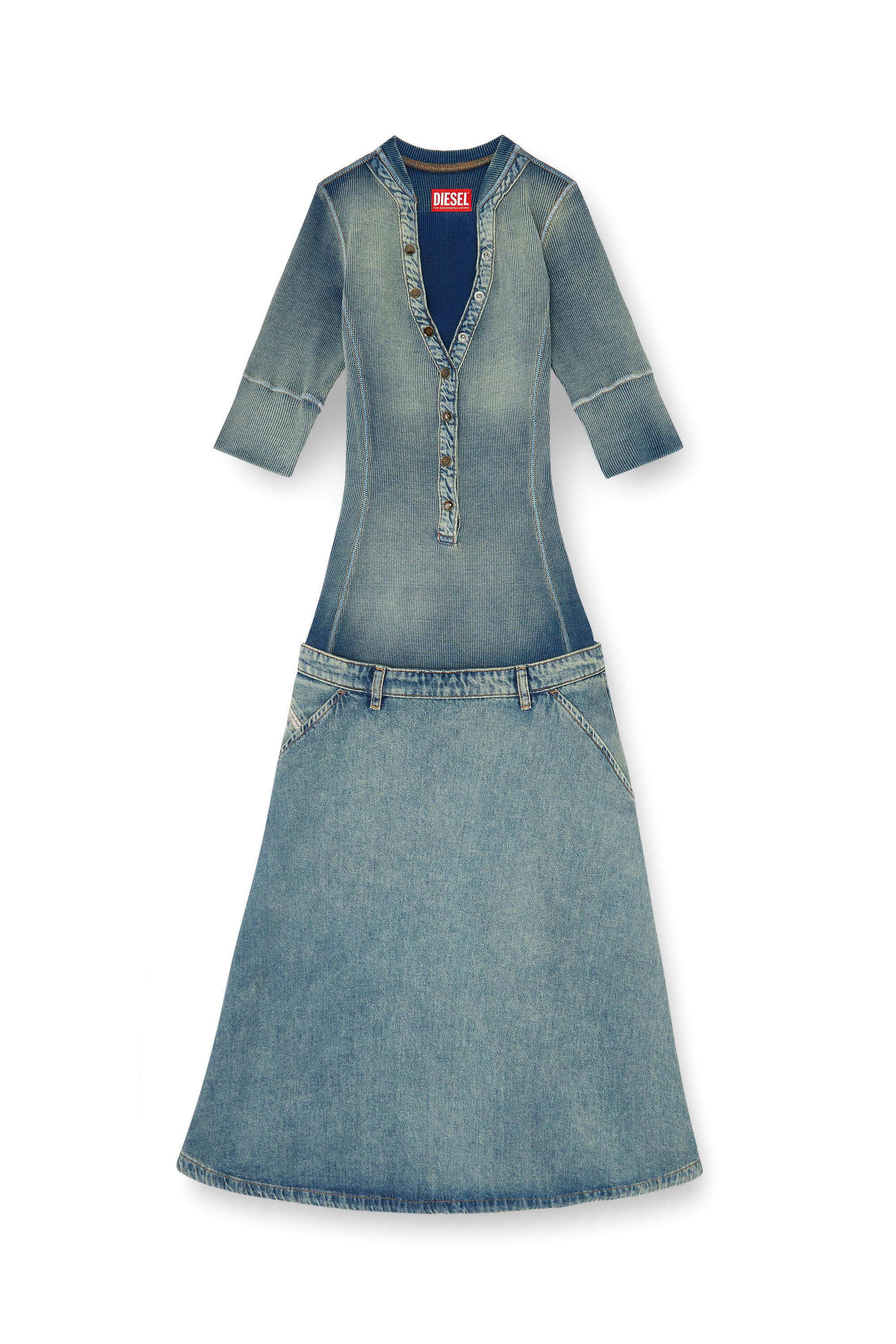 Diesel - DE-ANIM-S, Woman's Drop-waist midi dress in knit and denim in Medium blue - 2