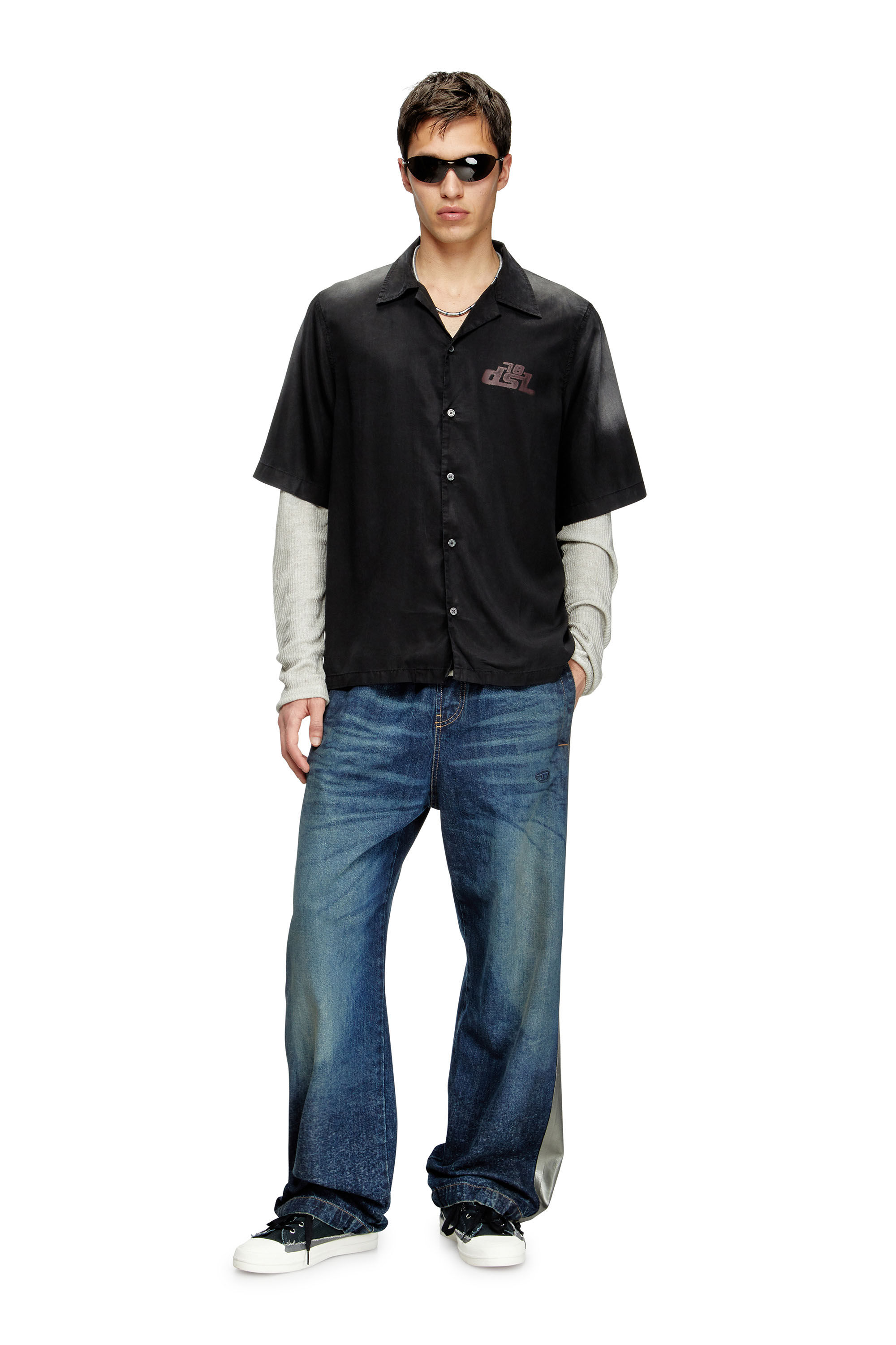 Diesel - S-ELLY, Man's Faded bowling shirt with logo prints in Black - 1