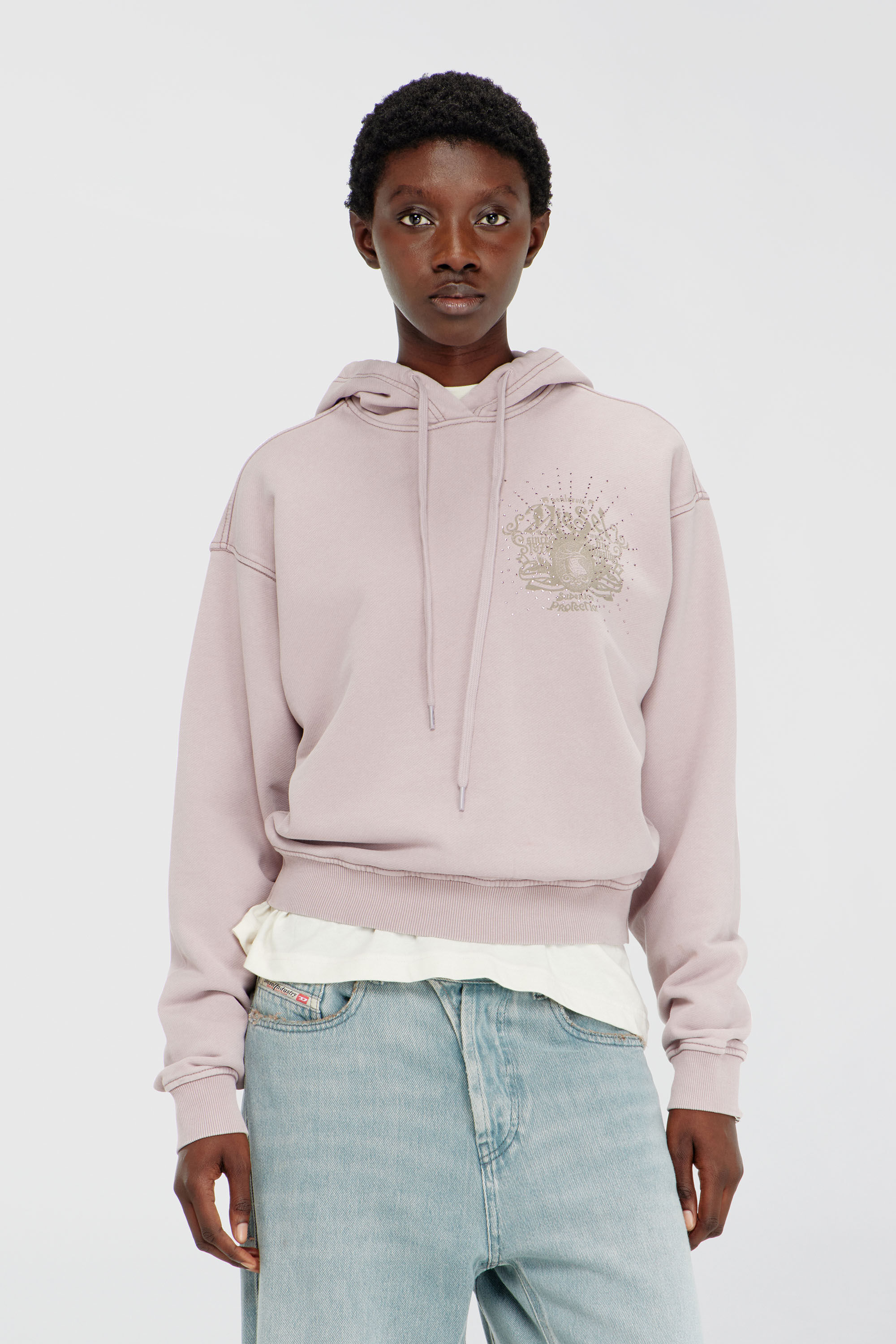 Diesel - F-PHOENY, Woman's Hoodie with prints and rhinestone studs in Lilac - 3
