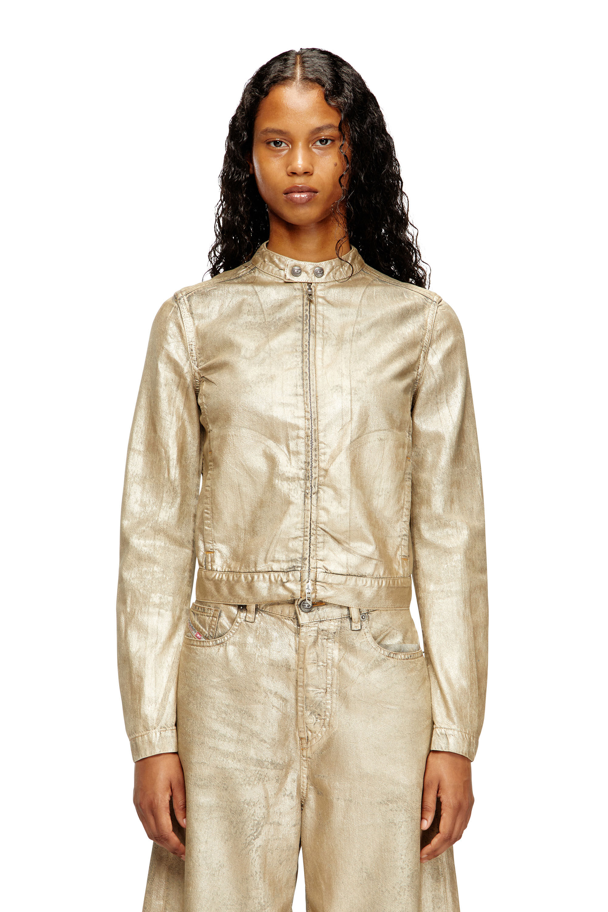 Diesel - Dile_Luna Jacket, Woman's Moto jacket in distressed metallic denim in Gold - 3
