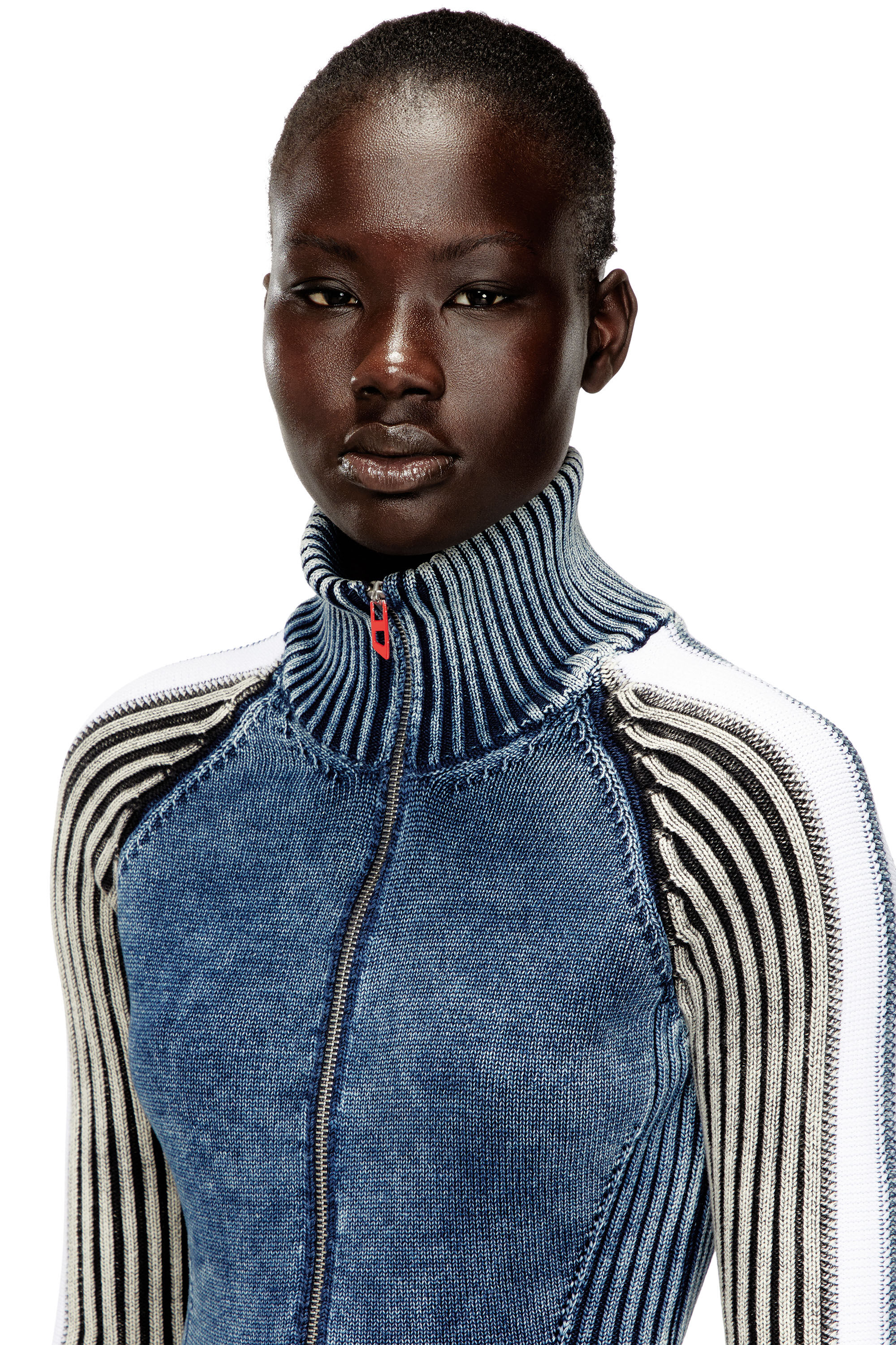 Diesel - M-ESTRELLA, Woman's Zip-up cardigan with sporty bands in Blue/White - 5