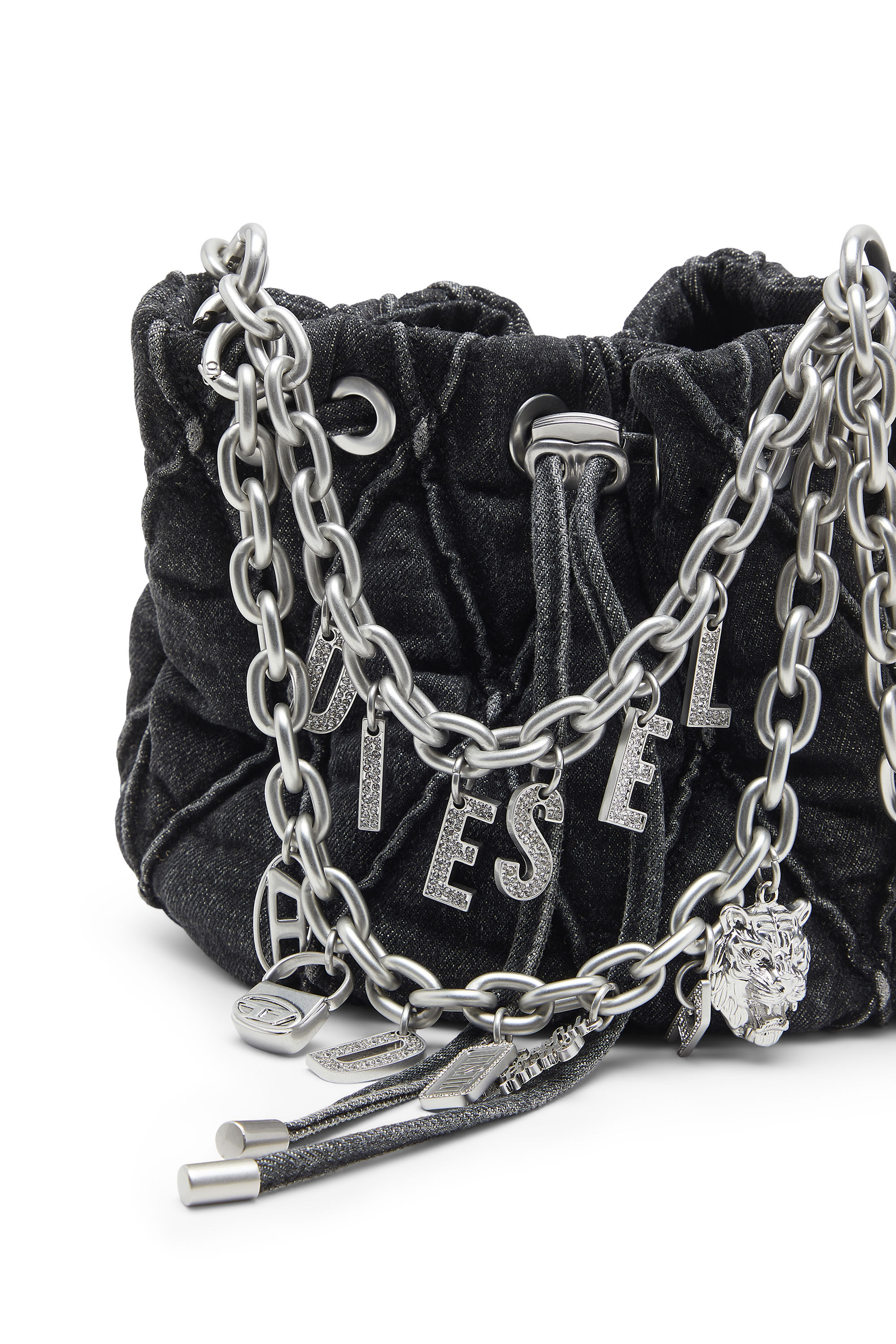 Diesel - HOSHI CHARM-D BUCKET S, Woman's Quilted-denim bucket bag with chain charms in Black - 2