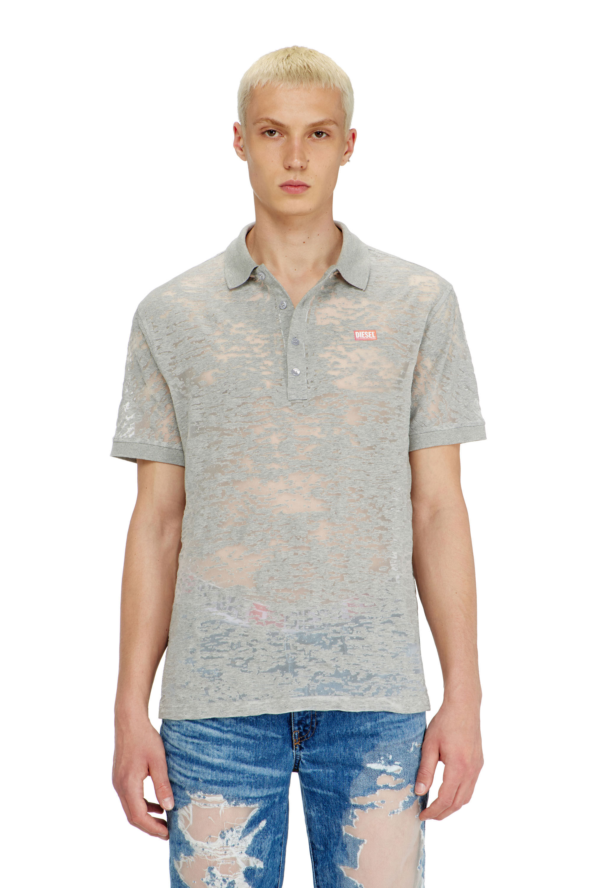 Diesel - PR-T-REJUST, Man's Polo shirt in all-over devor&eacute; jersey in Light Grey - 3