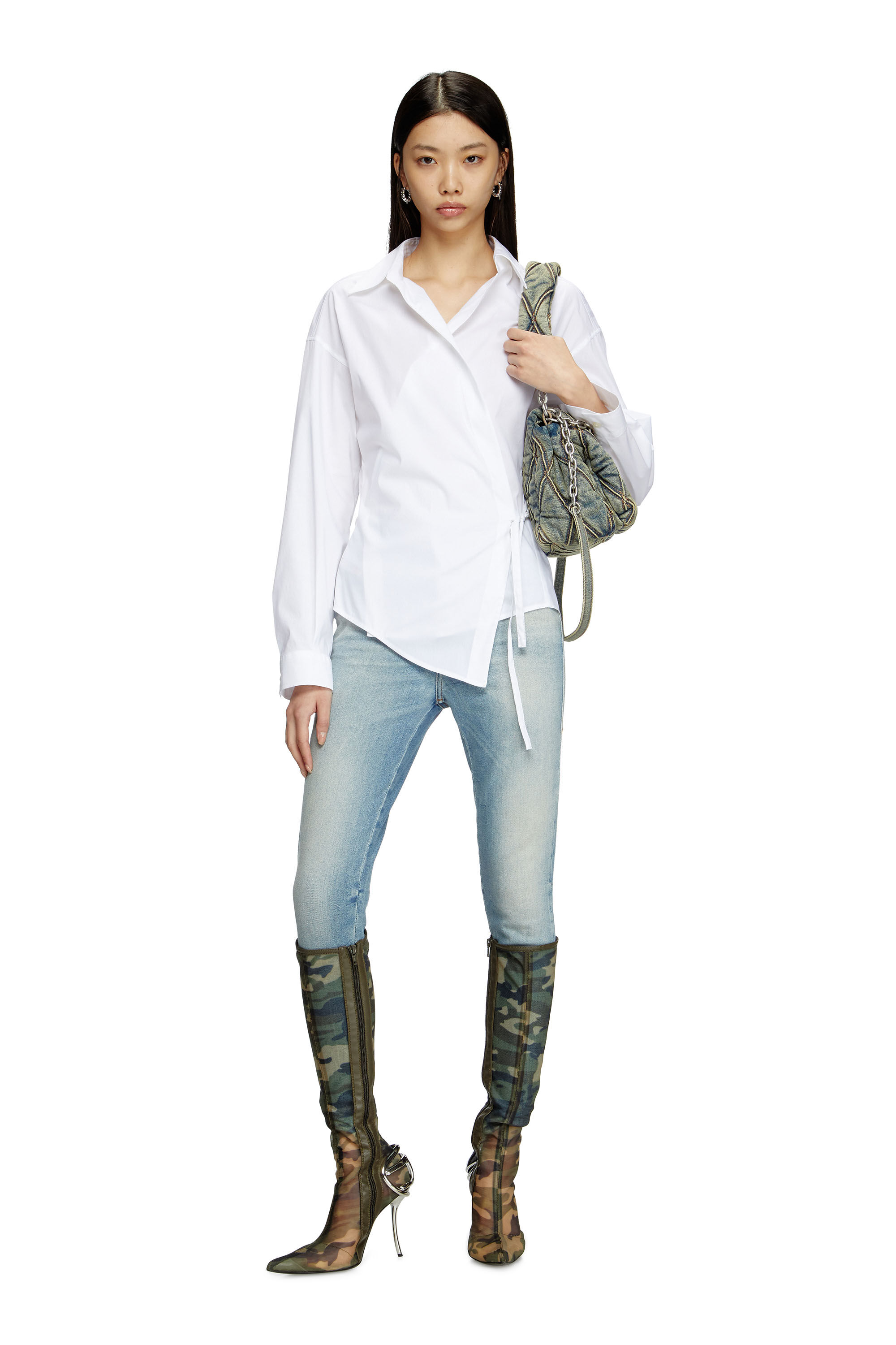 Diesel - C-DELPHI, Woman's Wrap shirt with logo charm in White - 1