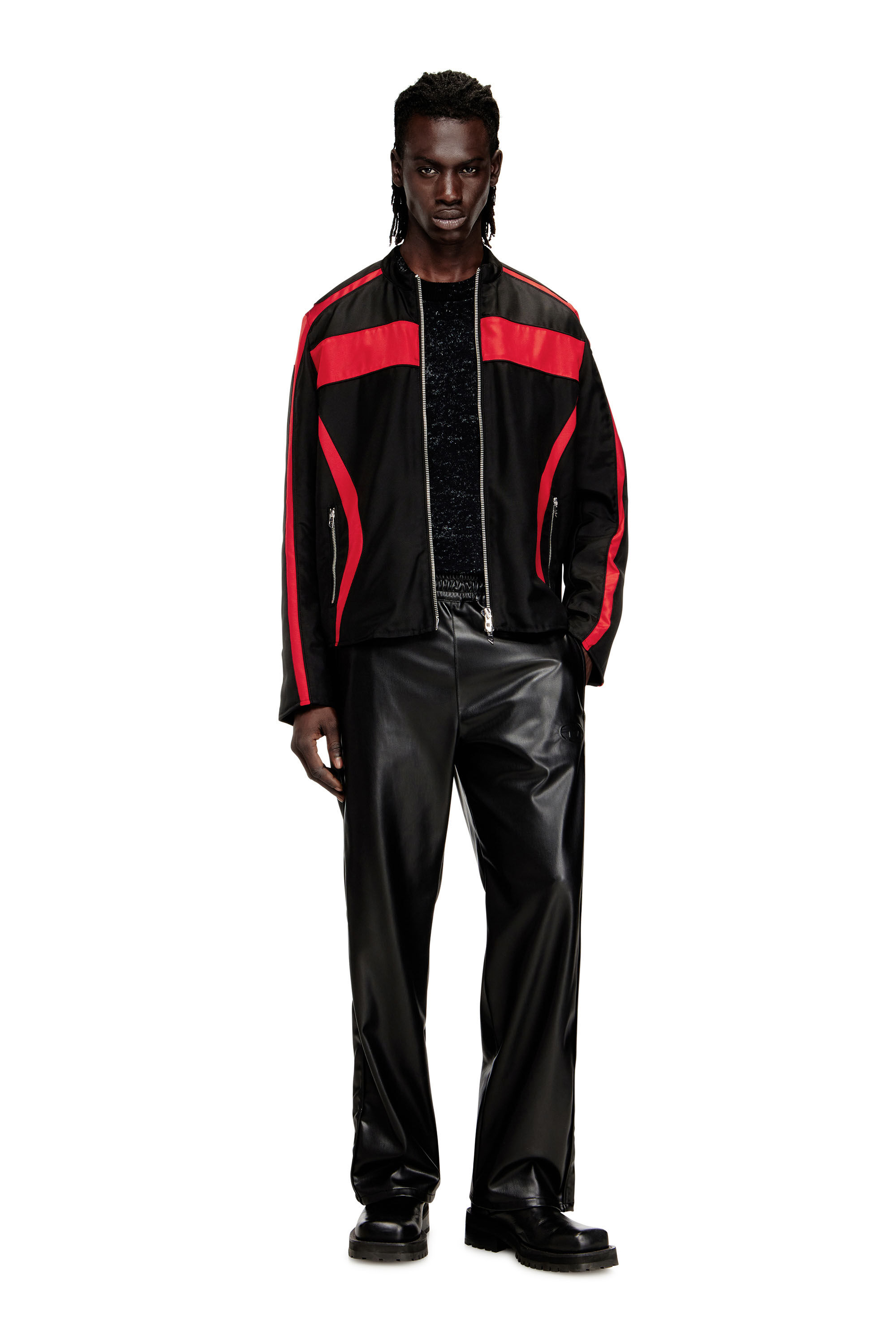 Diesel - J-ADAM-PDAI, Man's Biker-style jacket in colour-block canvas in Black/Red - 1