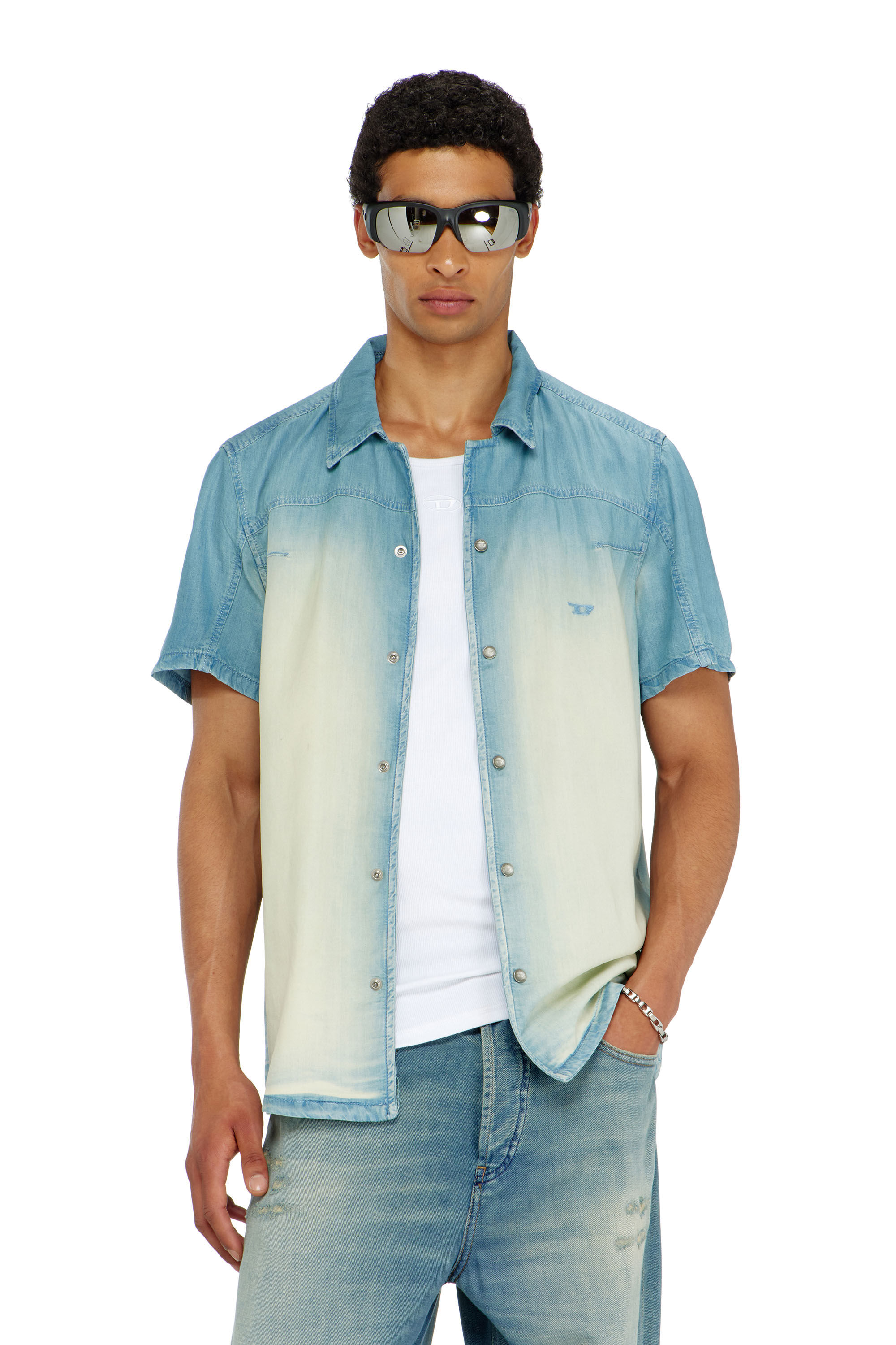 Diesel - D-CLARIVO-S, Man's Short-sleeve shirt in fluid overdyed denim in null - 2