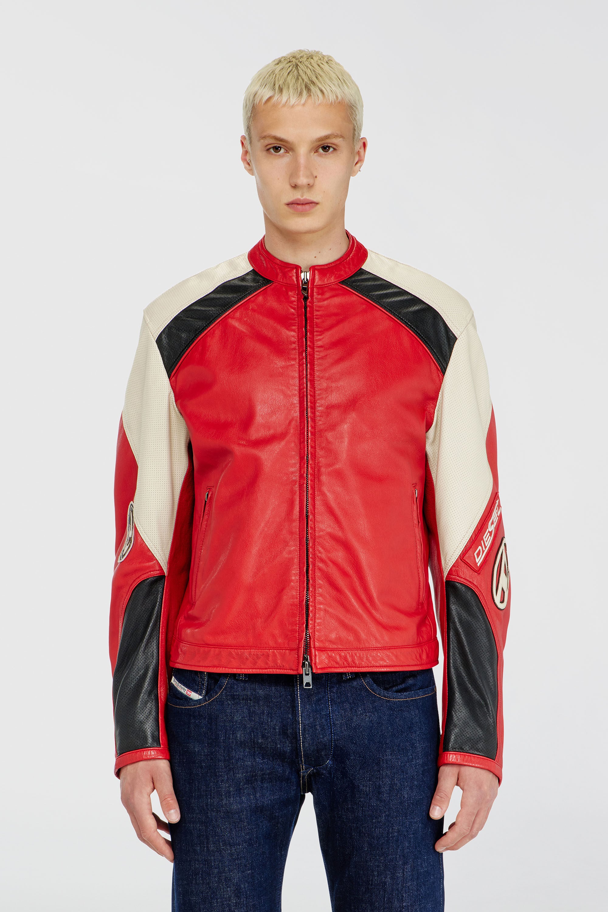Diesel - L-AHTI, Man's Biker jacket in colour-block perforated leather in Beige/Red - 3