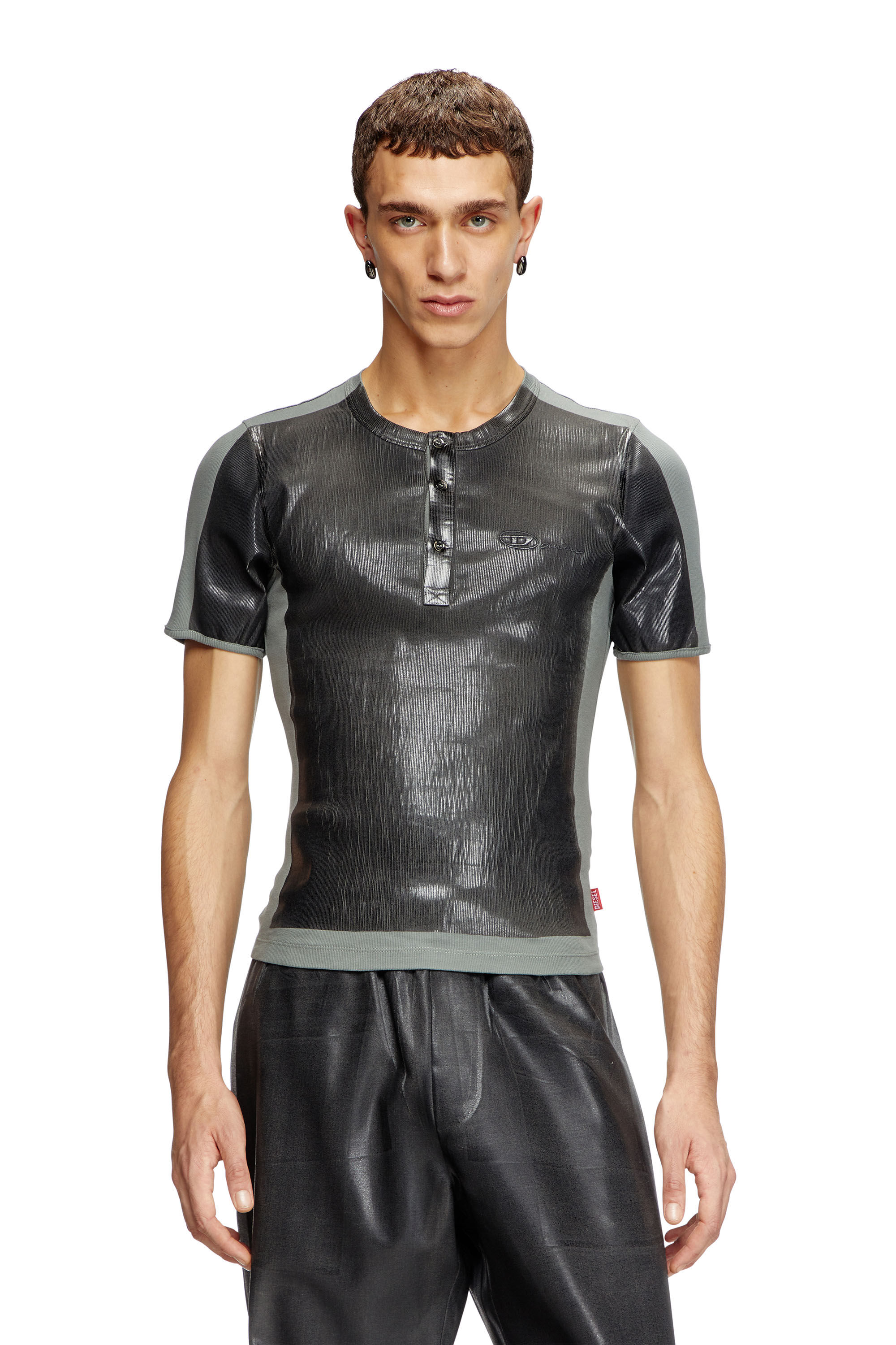 Diesel - T-RIBBER-DD, Unisex's Henley T-shirt with coated front in Dark grey - 3