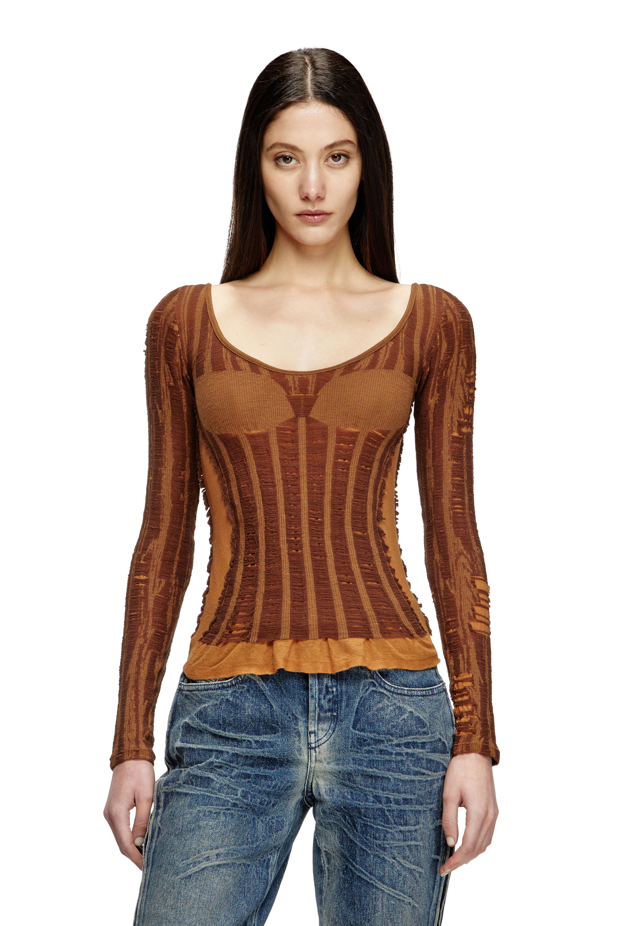 Diesel - M-CALAI, Woman's Seamless top with lingerie illusion in Brown - 3