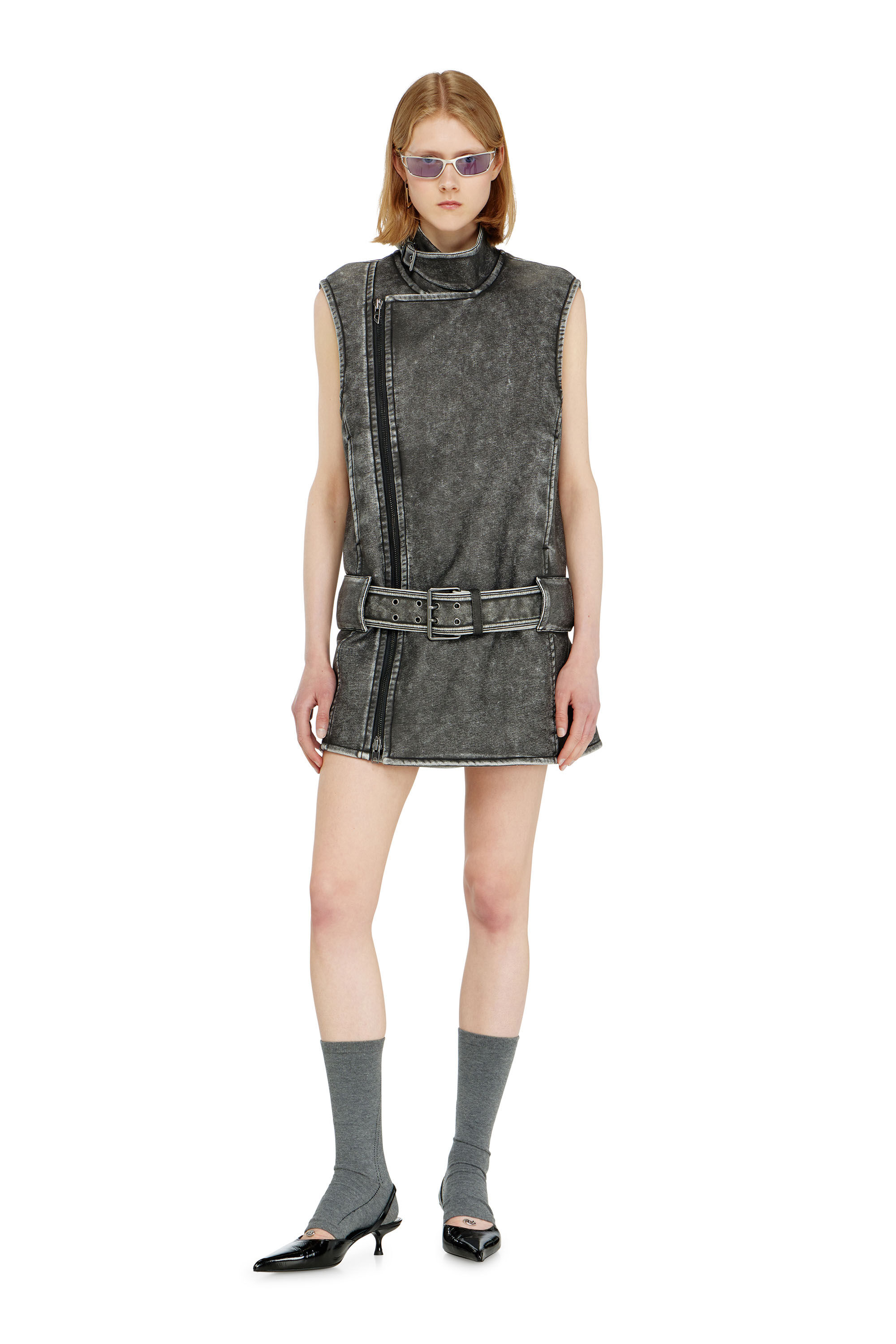Diesel - D-IKE, Woman's Biker-style mini dress with belt in Grey - 3
