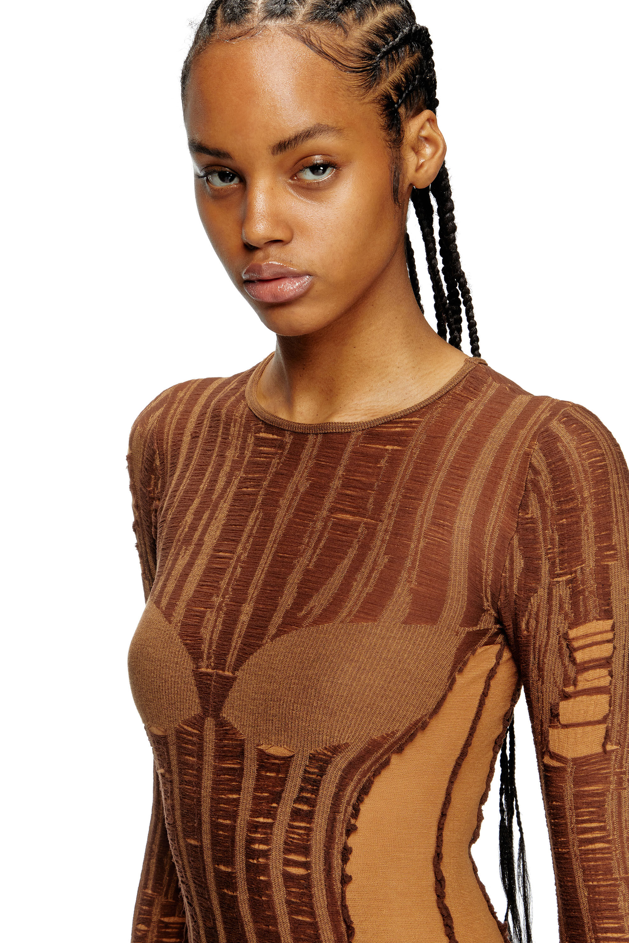 Diesel - M-CALIMERA, Woman's Maxi dress in distressed second-skin knit in Brown - 4