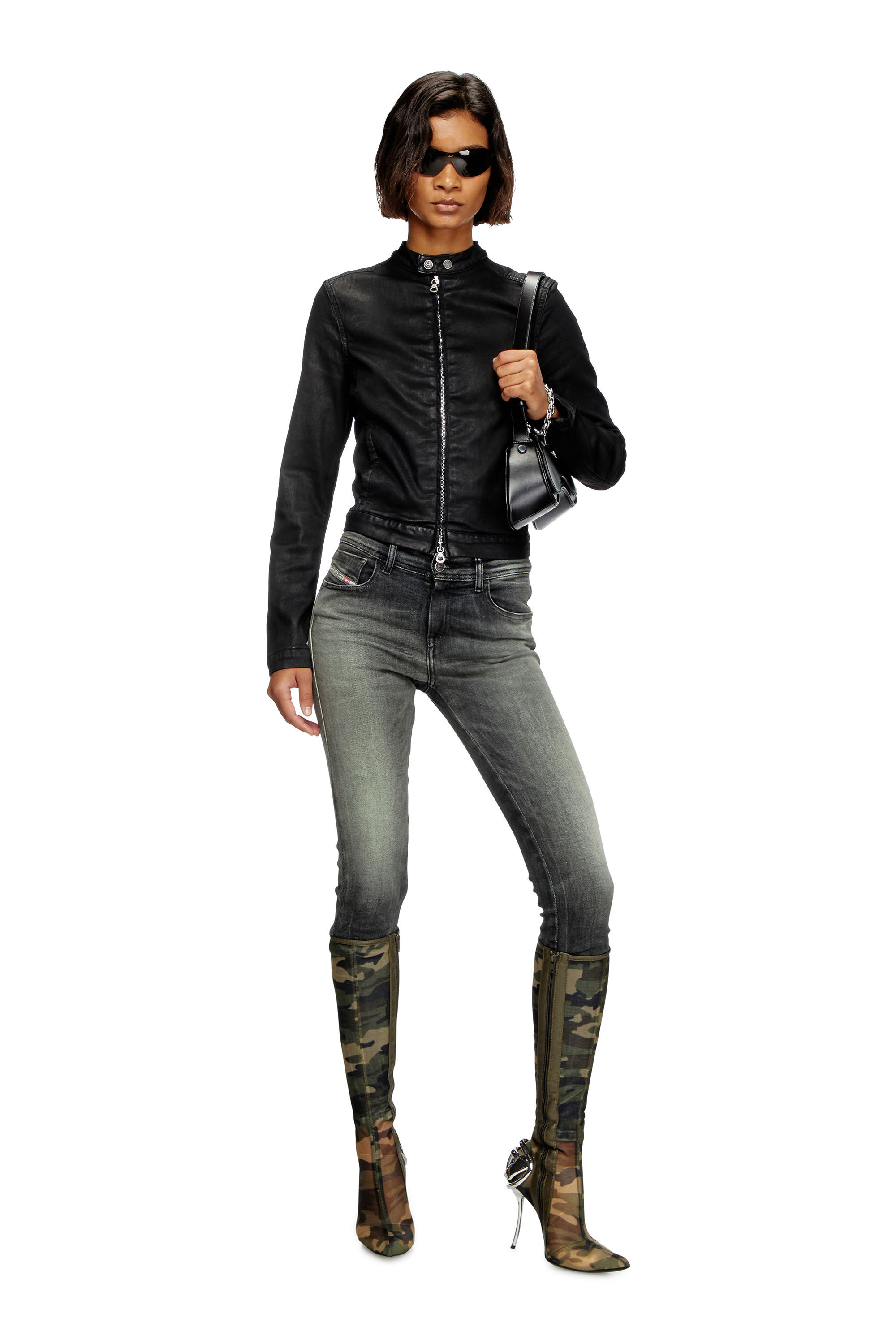 Diesel - DE-MORNIN JOGG, Woman's Moto jacket in coated denim in Black - 1