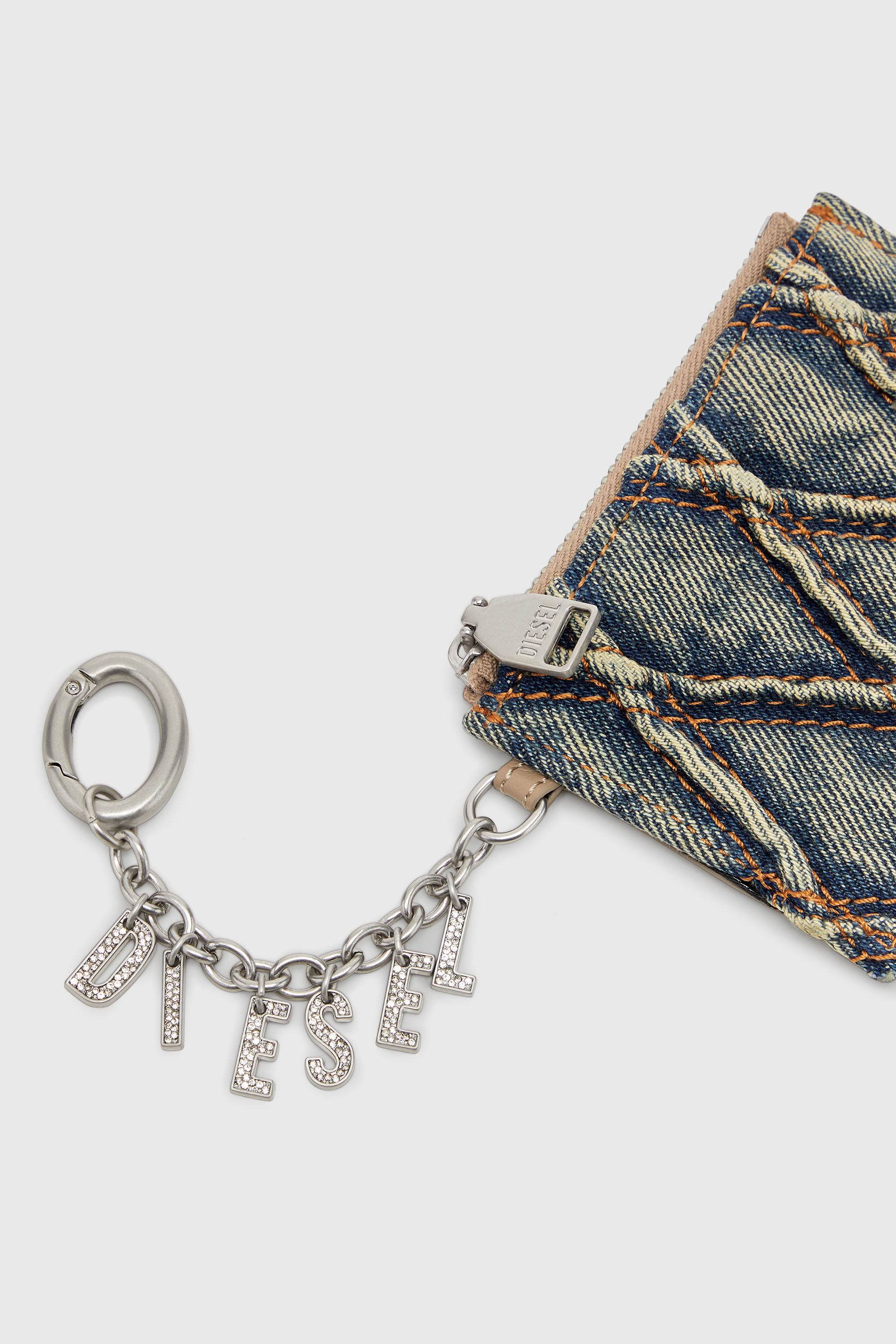 Diesel - CARD HOLDER WITH CHAIN, Woman's Card holder in argyle quilted denim in Blue - 4
