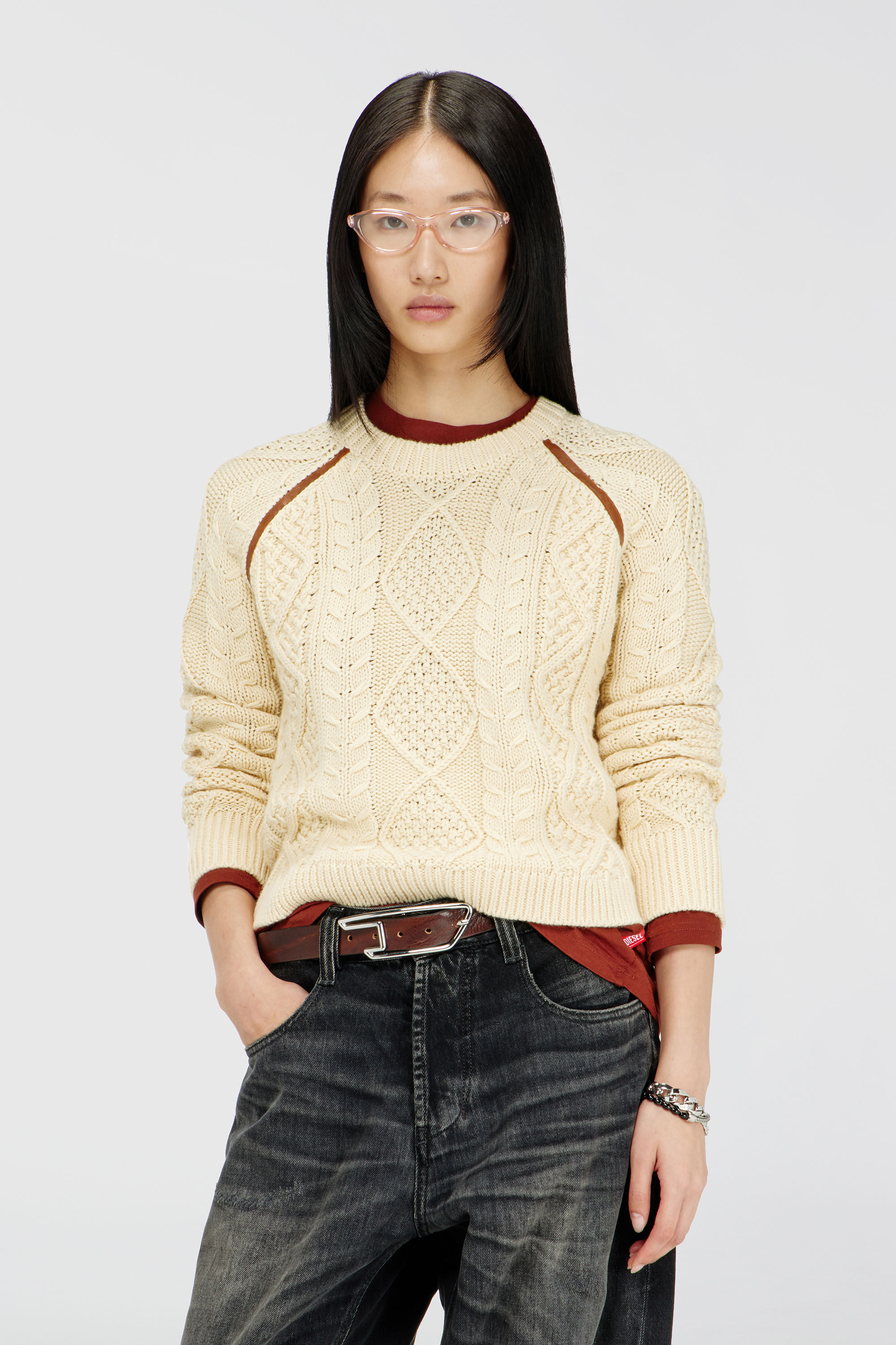 Diesel - M-INTANA, Woman's Cable-knit jumper with contrast bands in Beige - 3