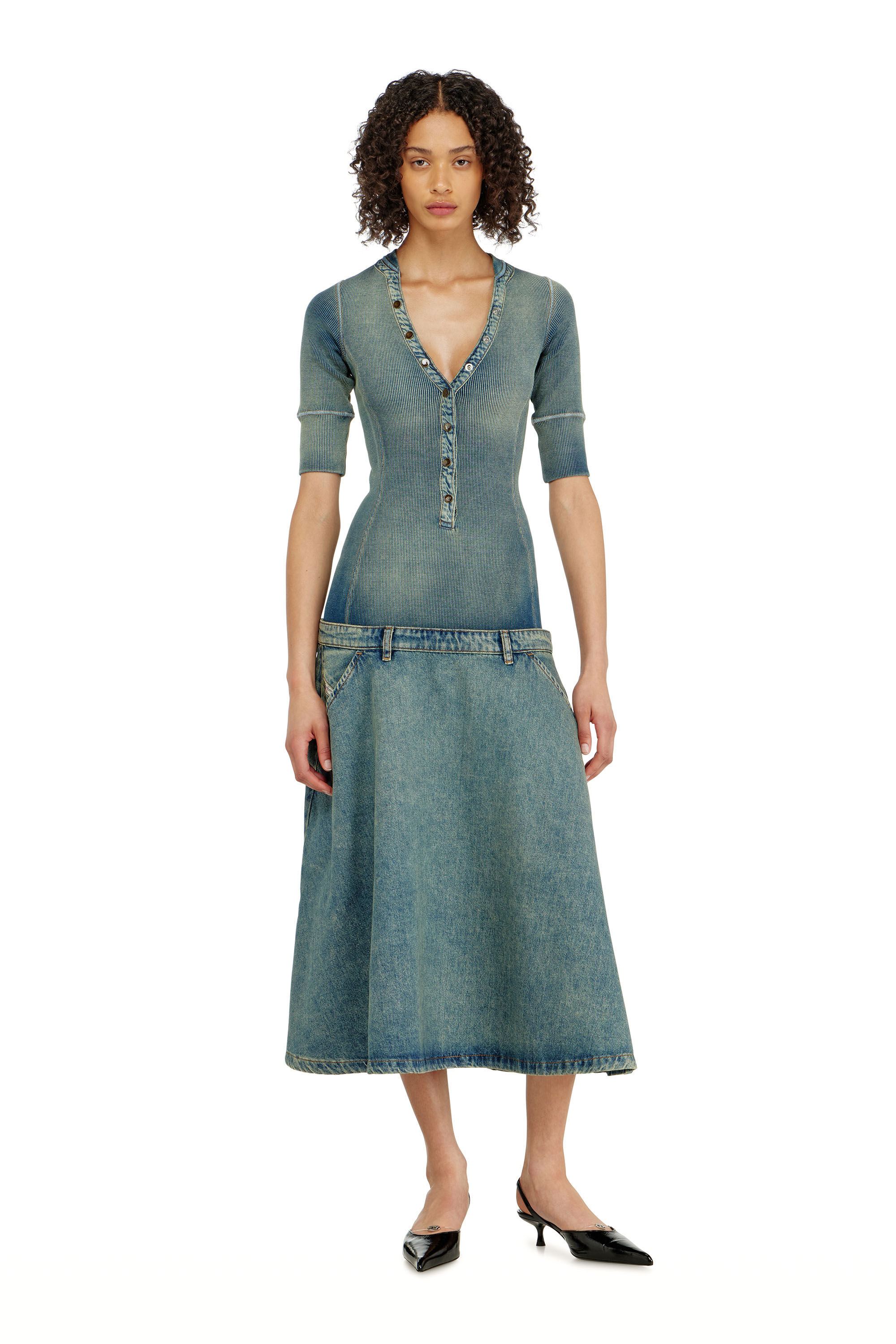 Diesel - DE-ANIM-S, Woman's Drop-waist midi dress in knit and denim in Medium blue - 3