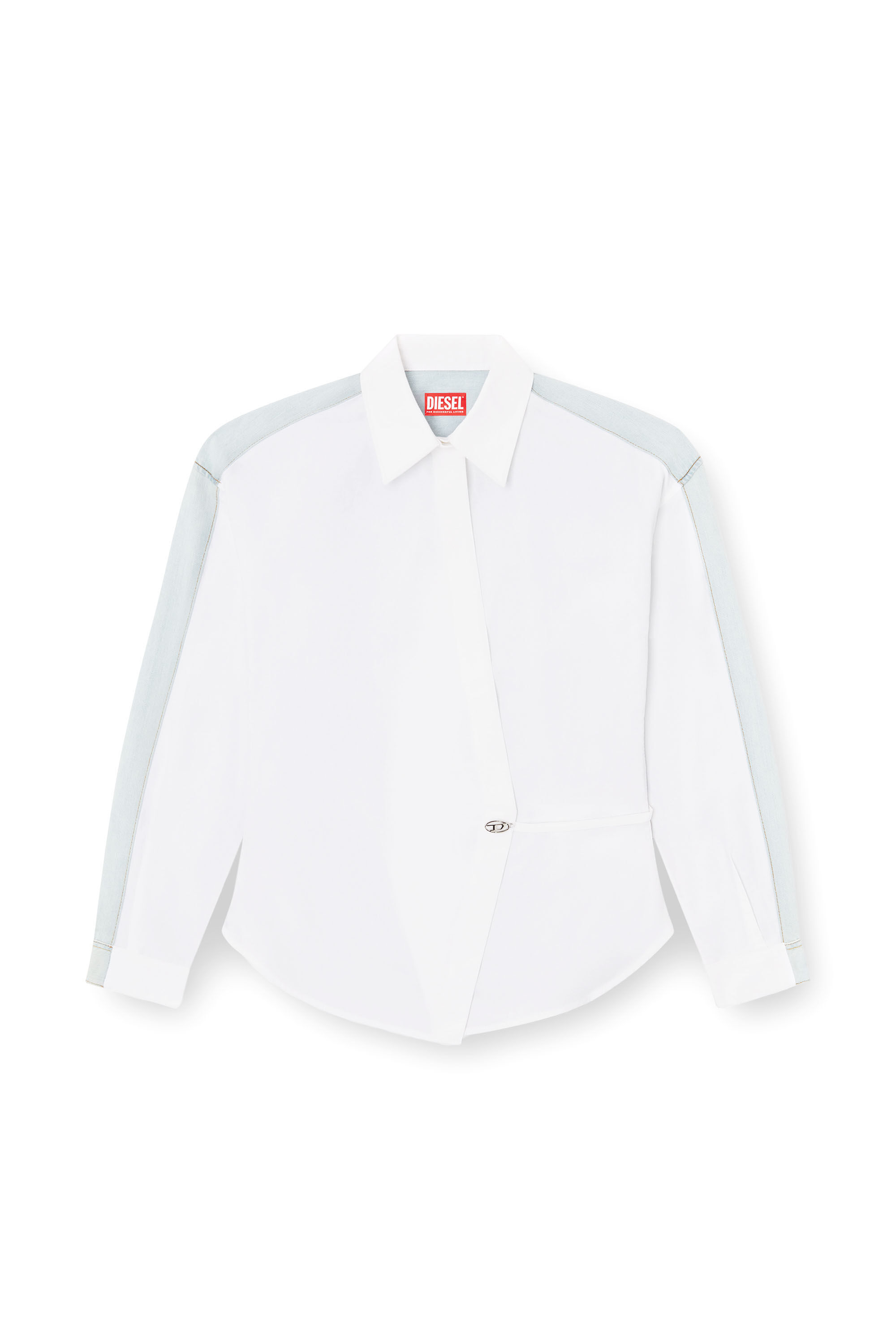 Diesel - C-DELPHI-DEN, Woman's Wrap shirt in poplin and denim in Blue/White - 2