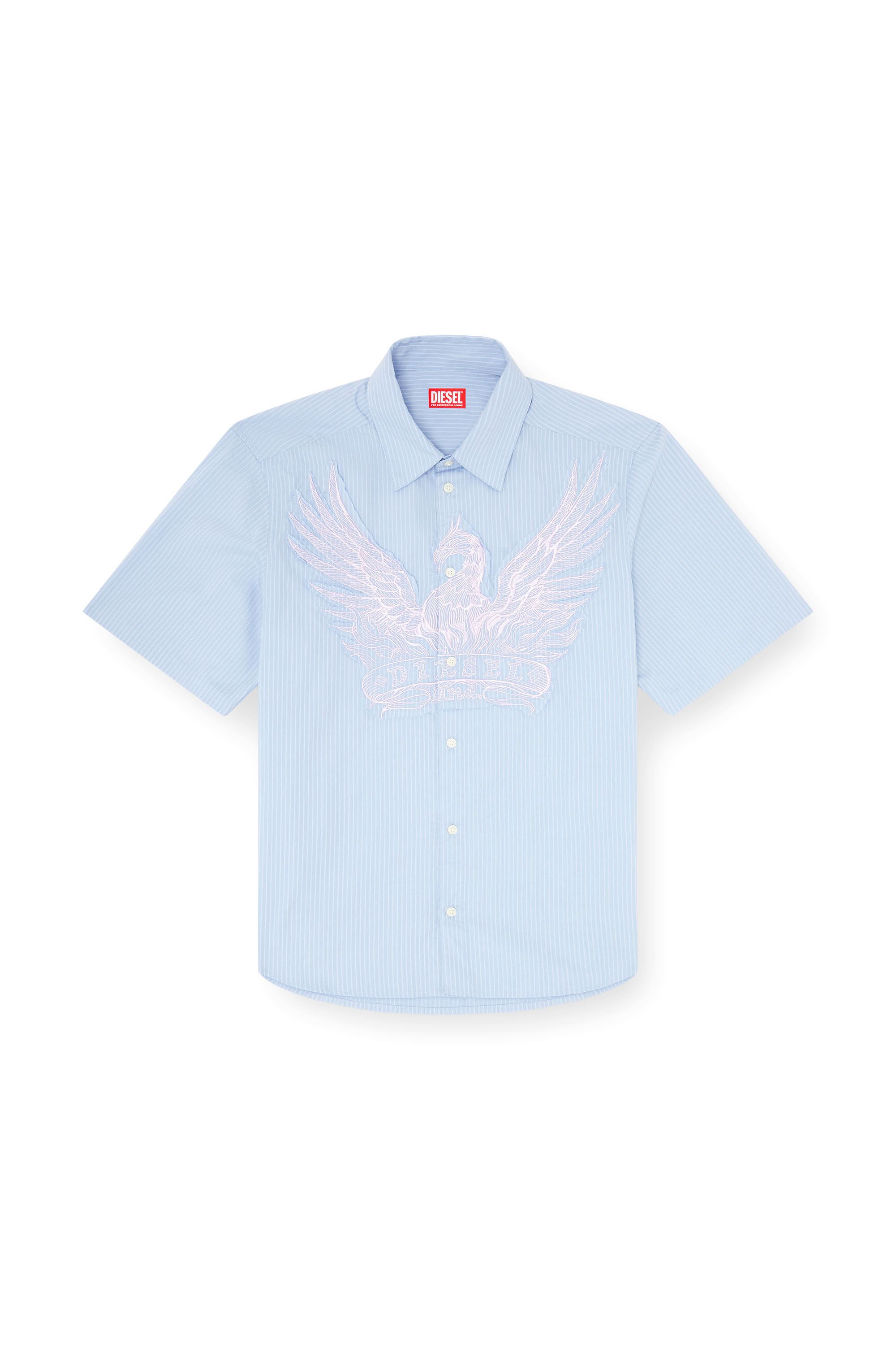 Diesel - S-SIMPLY-SS-AGCZ, Man's Striped poplin shirt with embroidered patch in Light Blue - 2