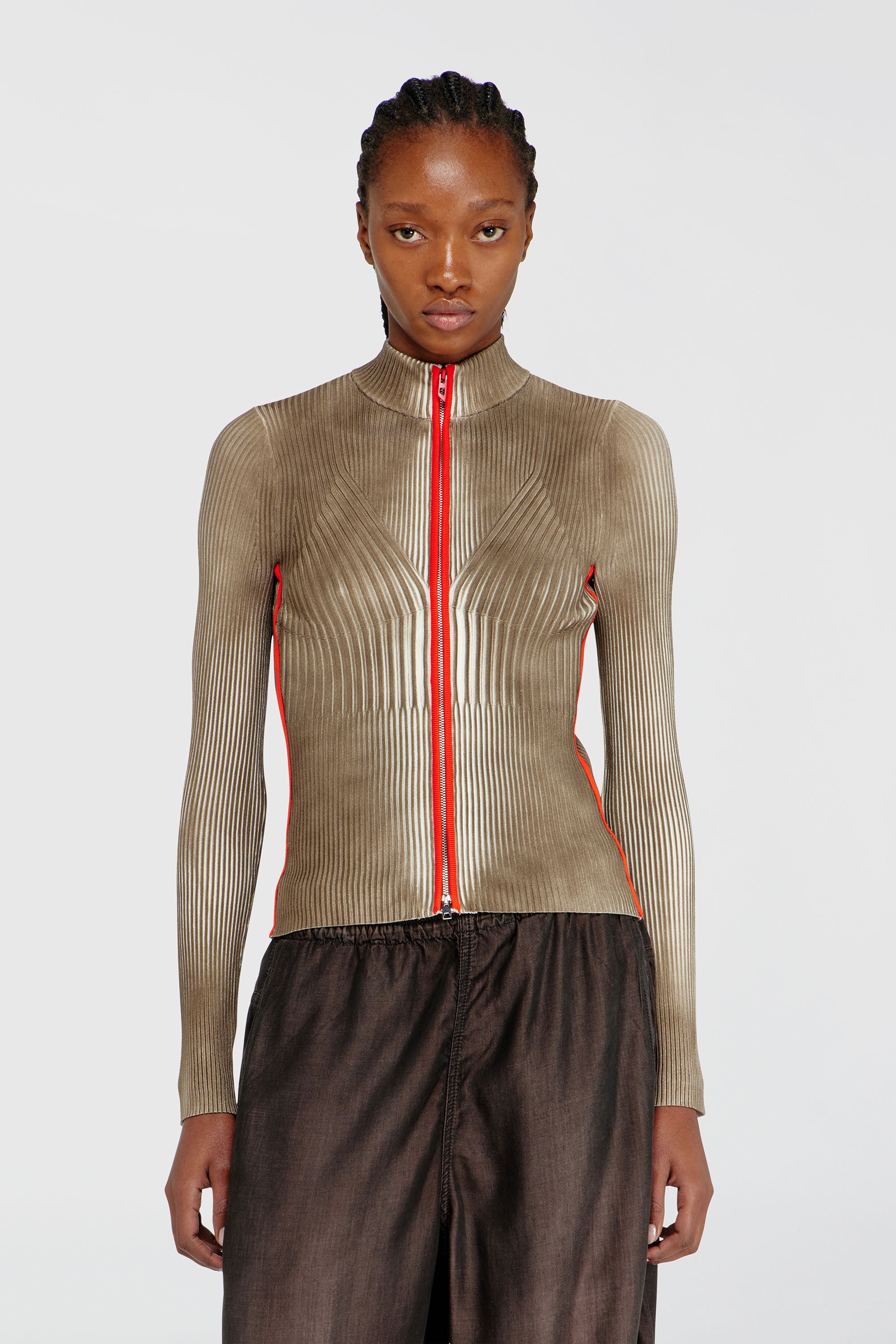 Diesel - M-SARMA, Woman's Ribbed zip cardigan with contrast bands in Red/Brown - 3