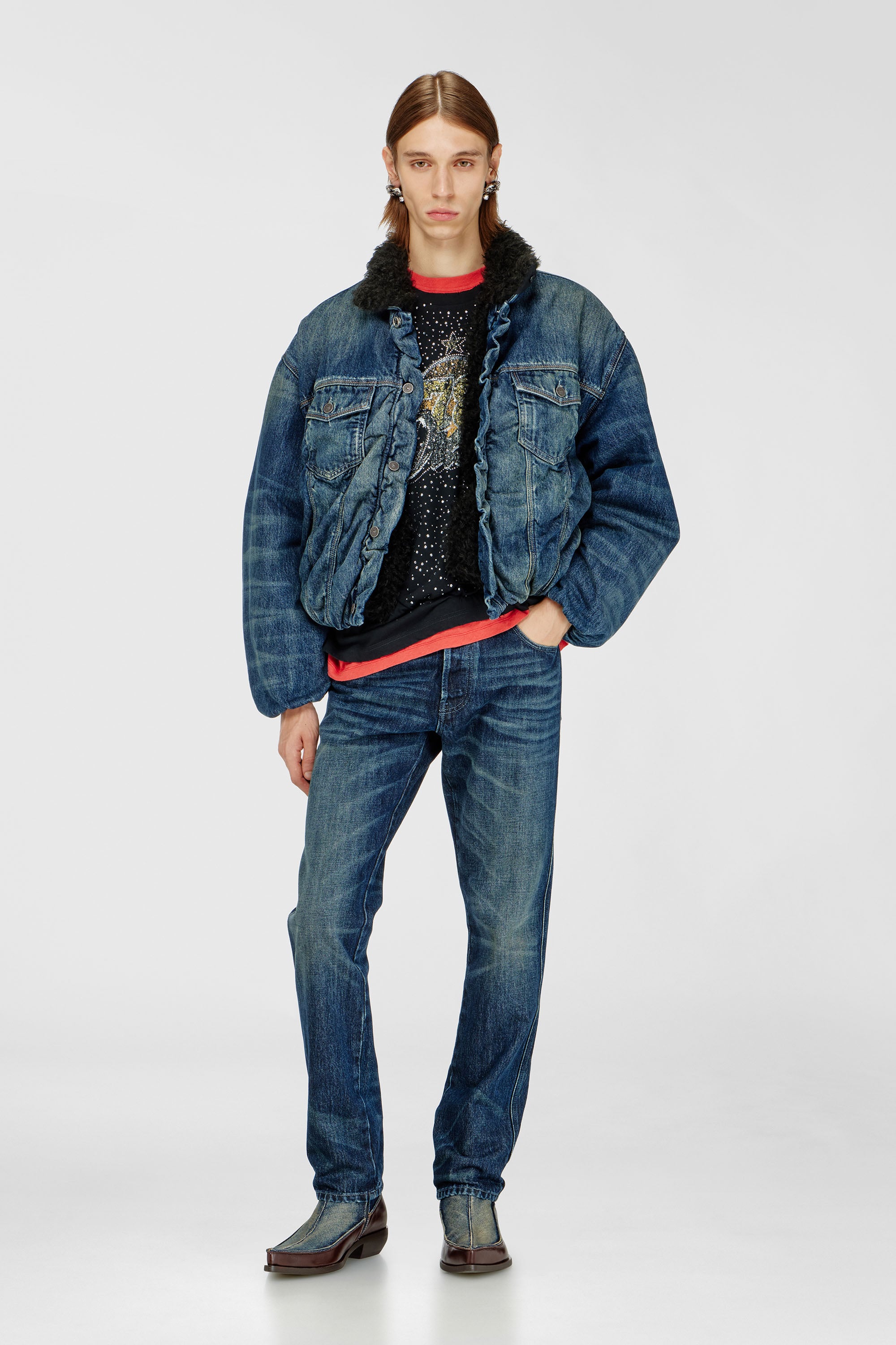 Diesel - D-CURLY-FSJ1, Unisex's Teddy-lined trucker jacket in denim in Dark Blue - 2