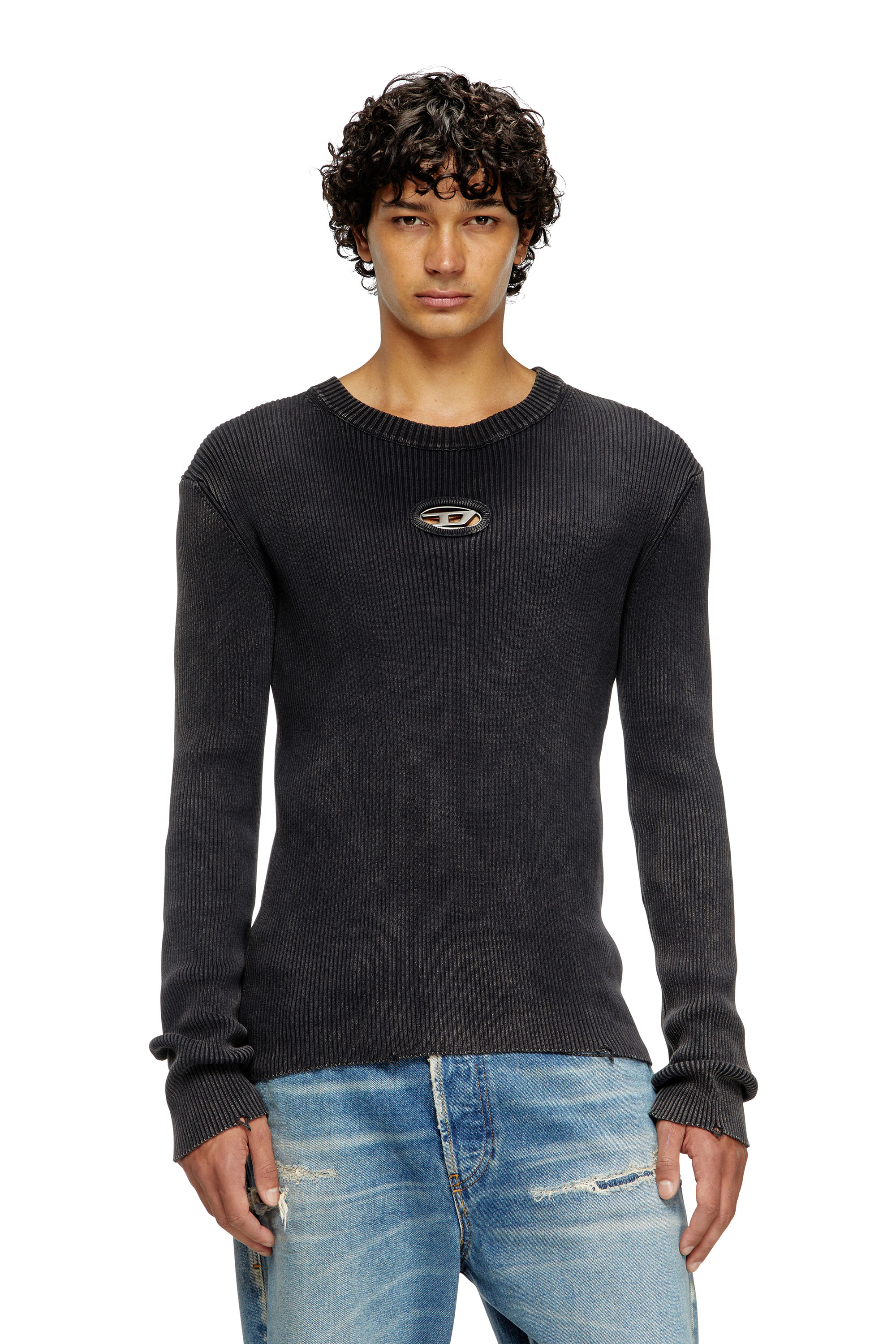 Diesel - K-DARIN-D, Man's Distressed jumper with cut-out logo in Black - 1