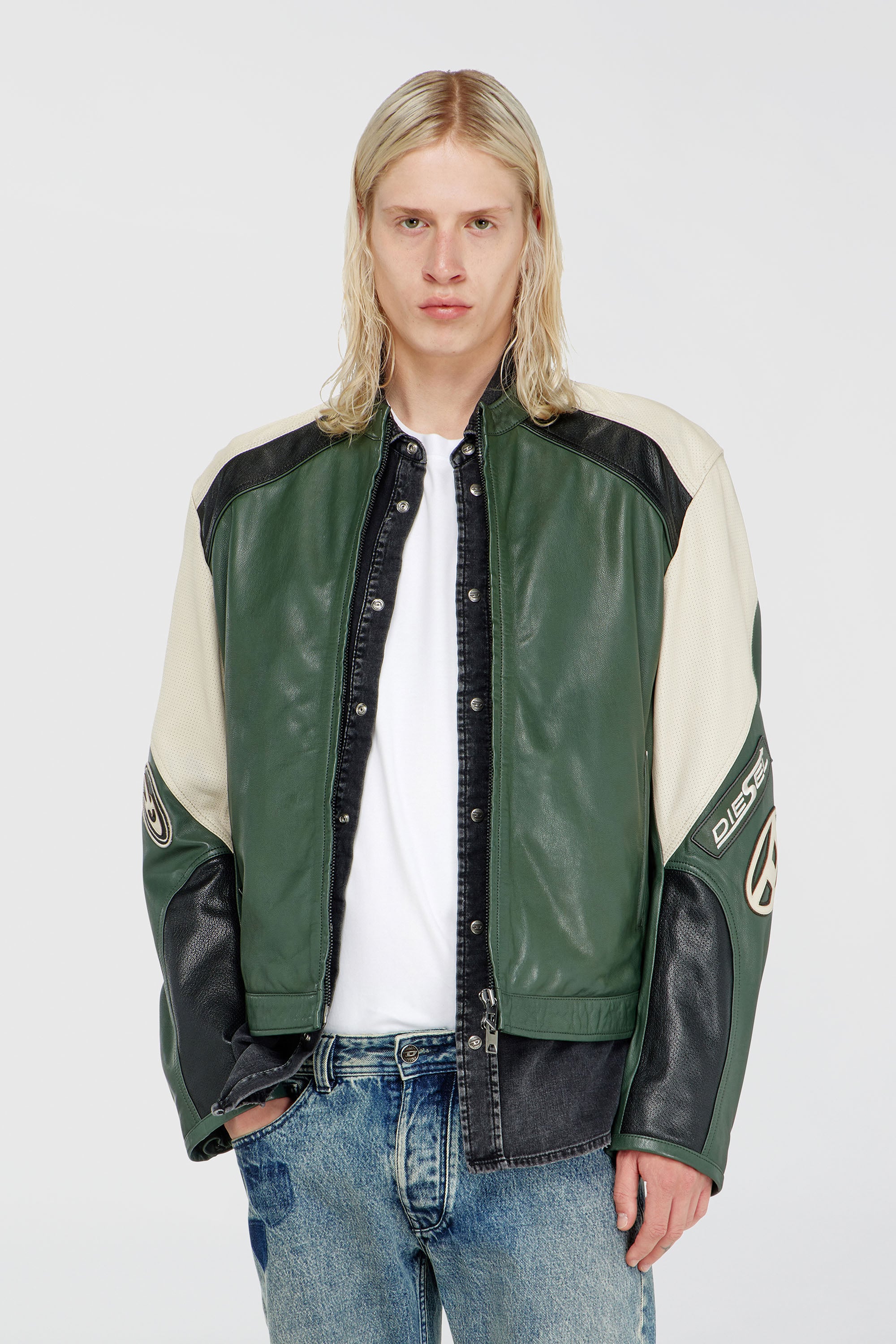 Diesel - L-AHTI, Man's Biker jacket in colour-block perforated leather in Beige/Black - 2