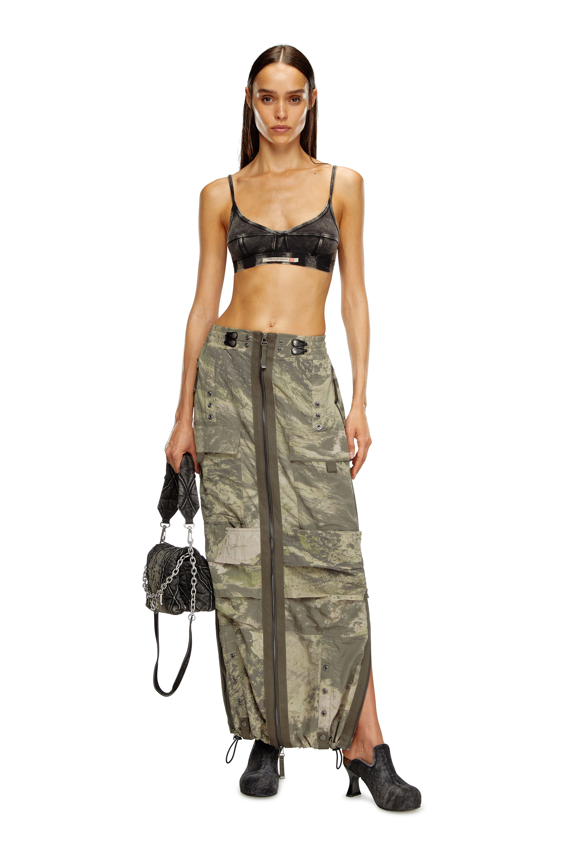 Diesel - O-CREP-N1, Woman's Long skirt with cargo pockets in Military Green - 2