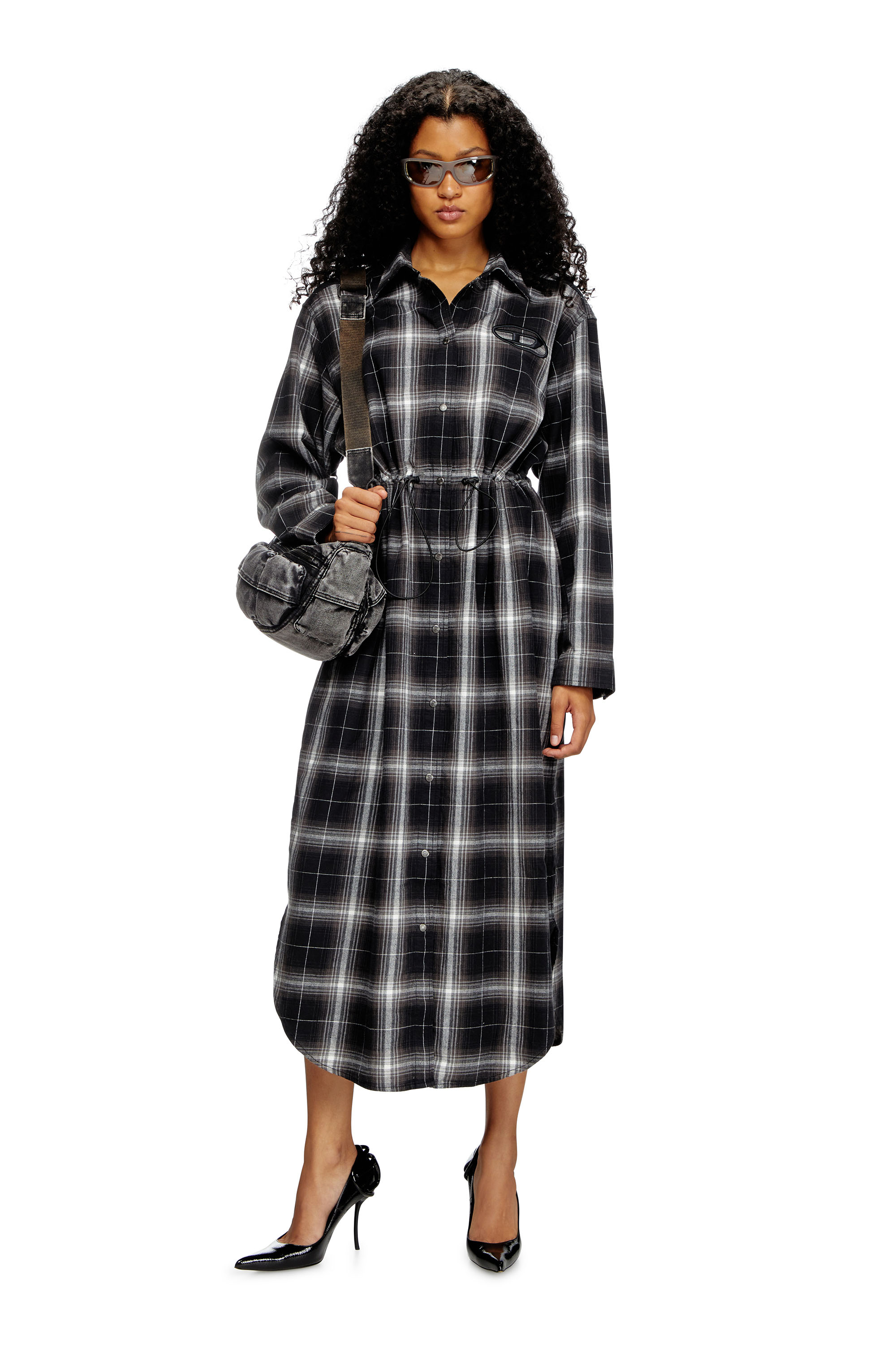 Diesel - D-REAMER, Woman's Midi shirt dress in check flannel in Black/White - 2