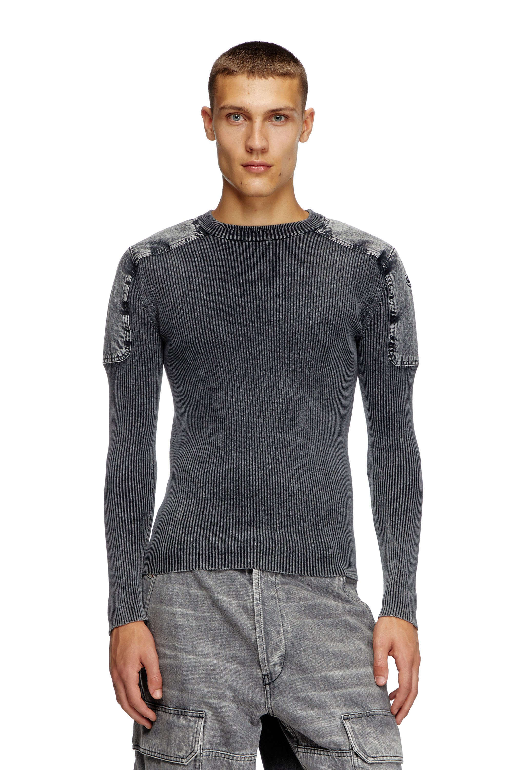 Diesel - K-MARTIN, Man's Jumper with denim shoulder panels in Dark grey - 1