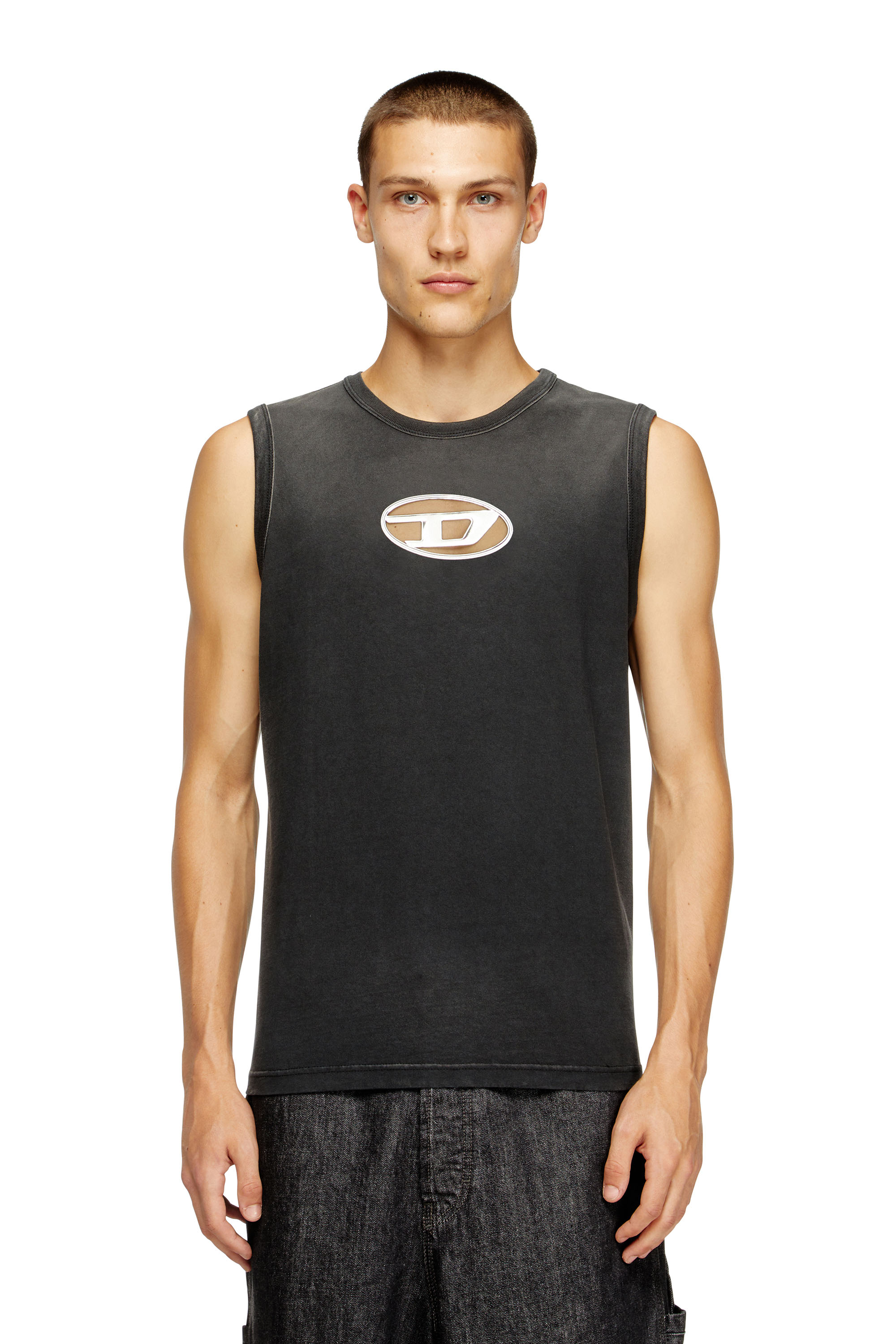 Diesel - T-BRICO, Man's Faded tank top with puffy Oval D in Black - 1