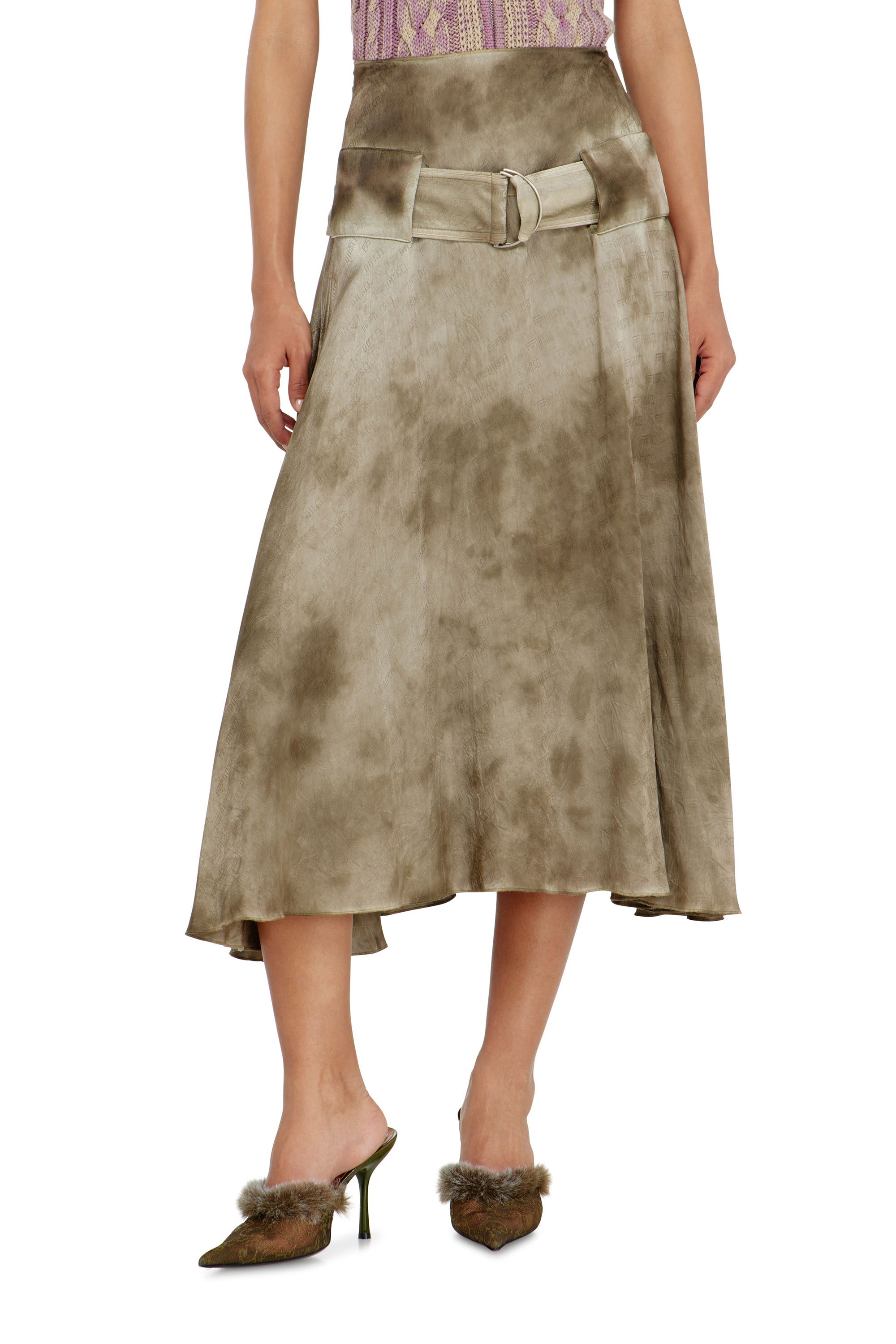 Diesel - O-DYLE, Woman's Belted midi skirt in logo-jacquard satin in Light Brown - 2