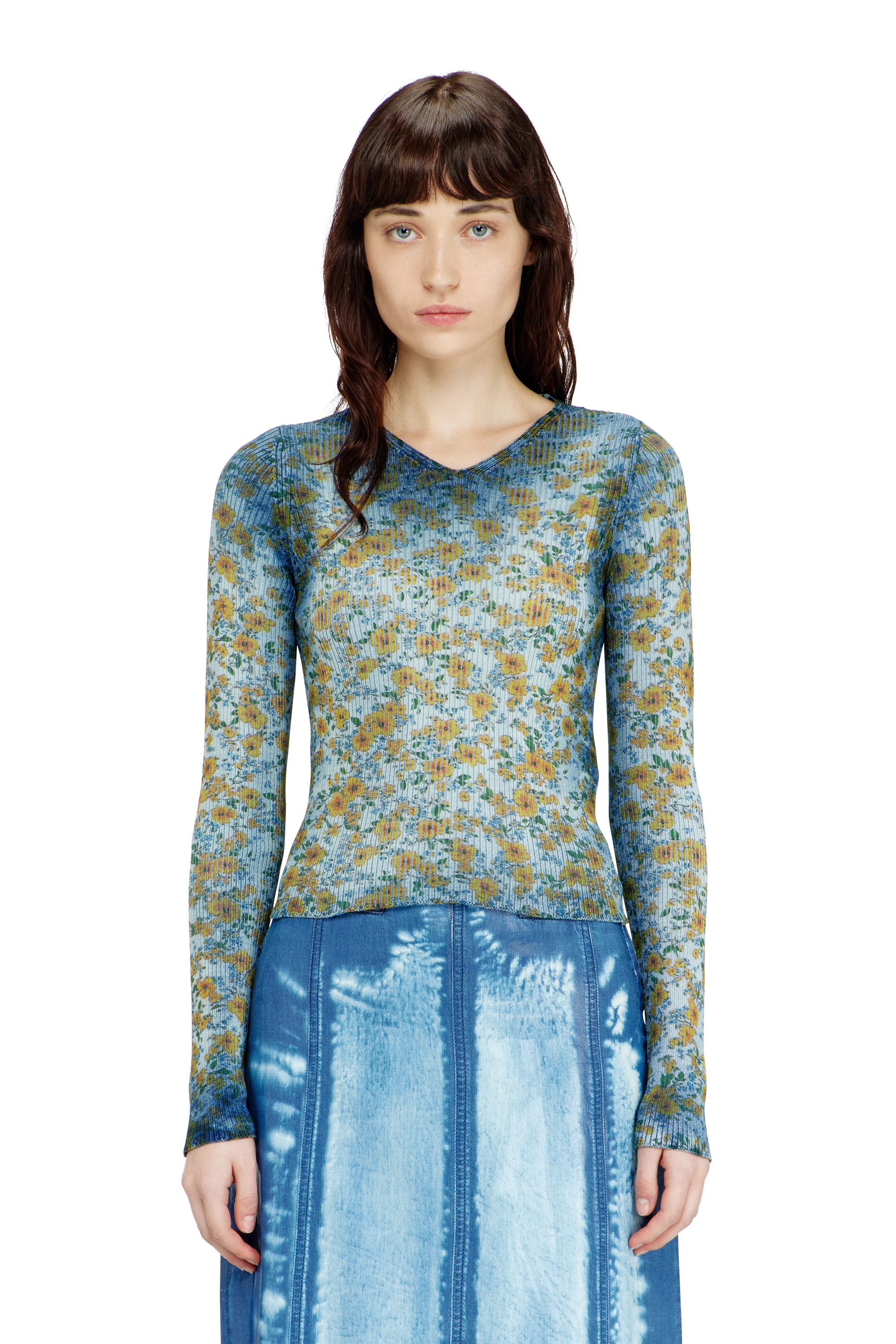 Diesel - M-EGE, Woman's Rib-knit top with floral X-ray effect in Blue - 1