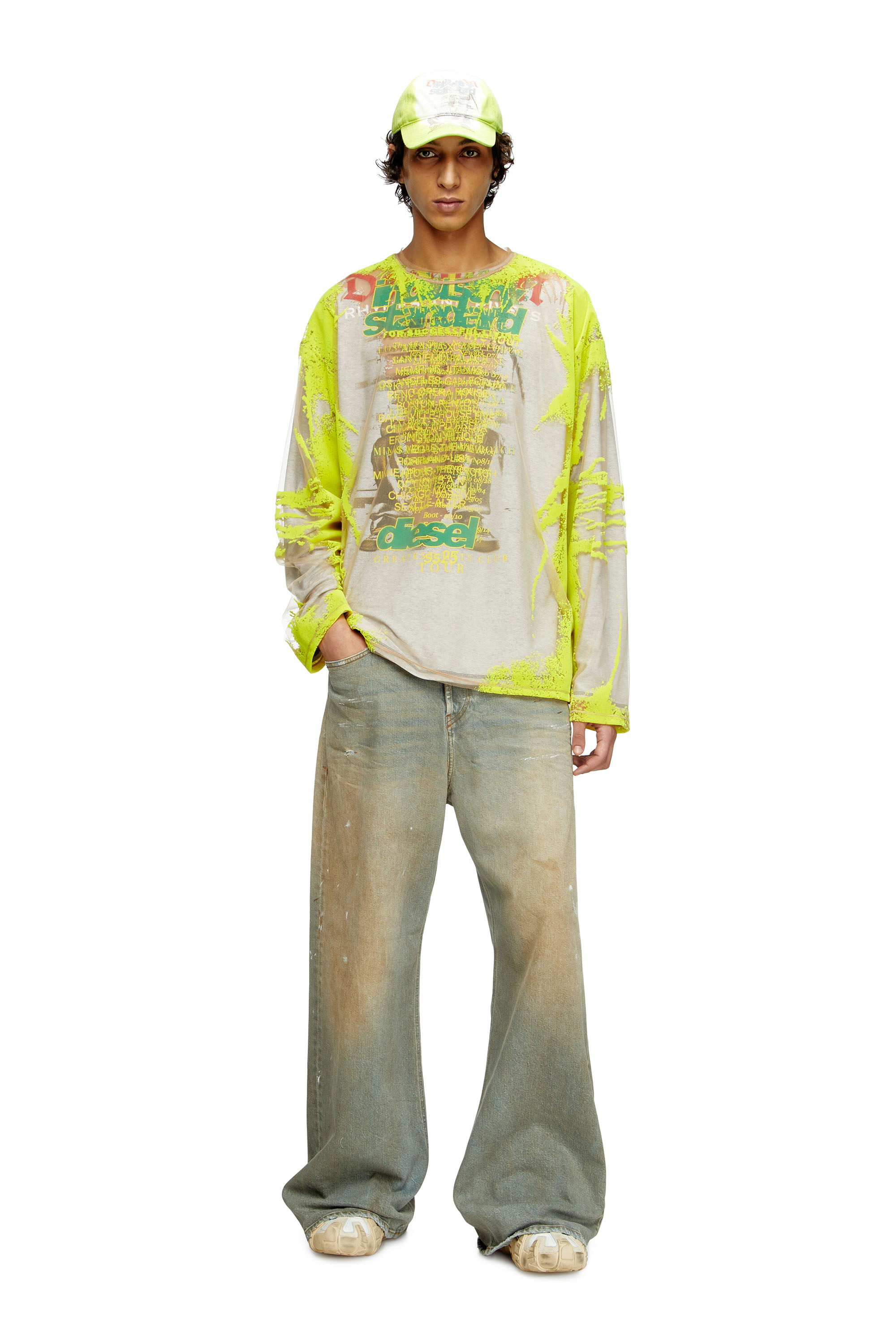 Diesel - T-HASSAN-LS-A, Unisex's Long-sleeve nylon T-shirt with lyrics print in Yellow - 1