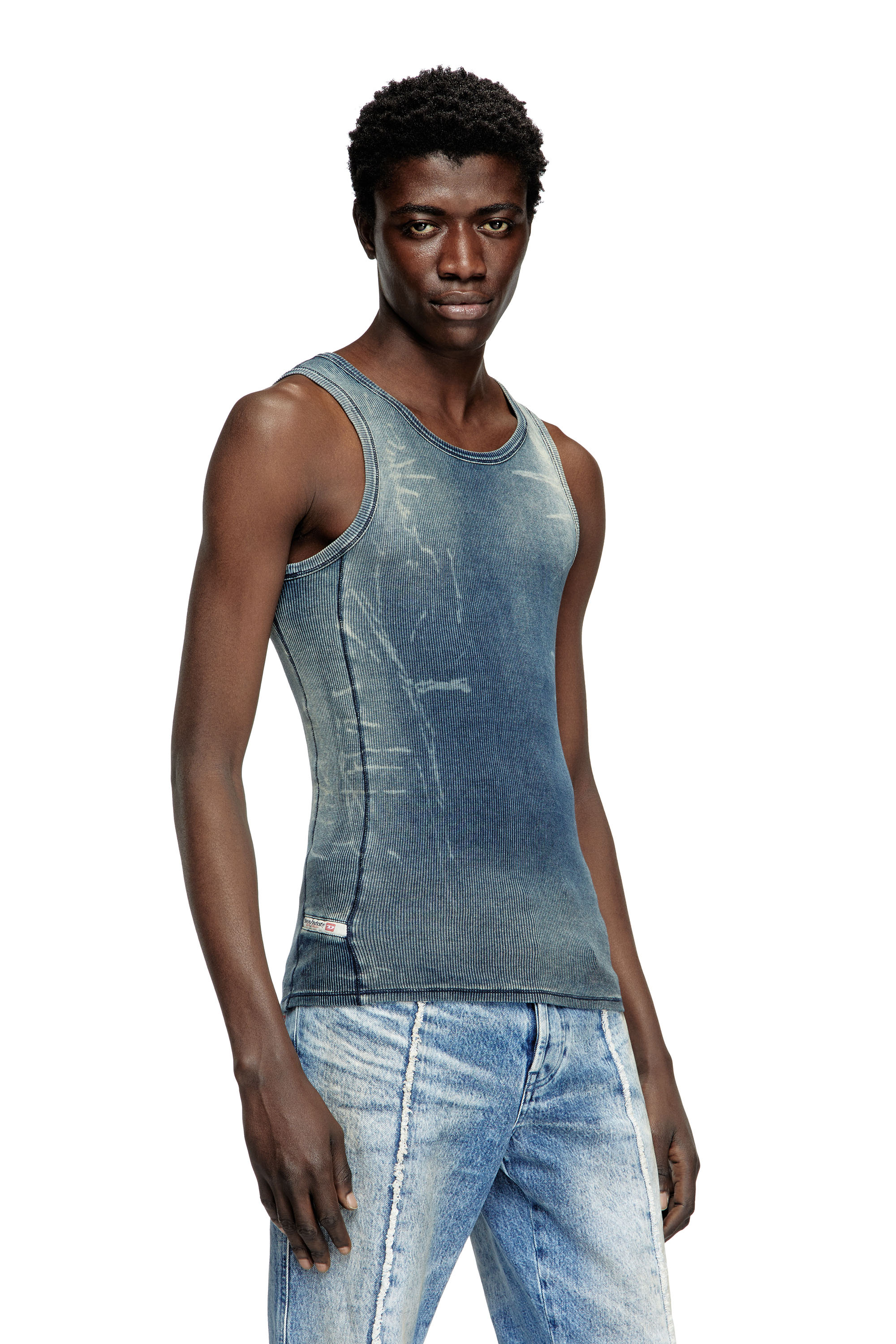 Diesel - T-GO, Unisex's Ribbed tank top with denim trompe l'oeil in Dark Blue - 1