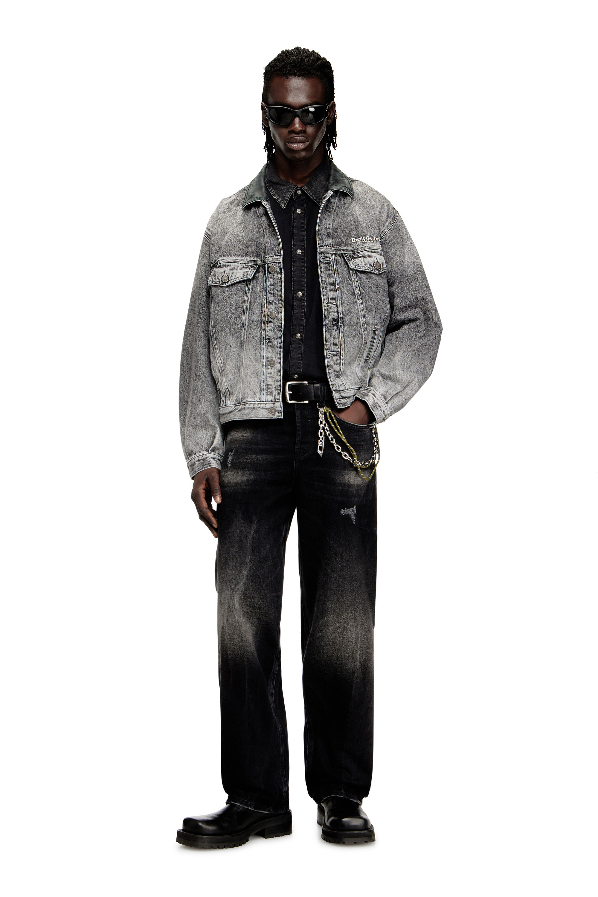 Diesel - D-DENVER-S, Unisex's Denim trucker jacket with tonal leather trims in null - 2