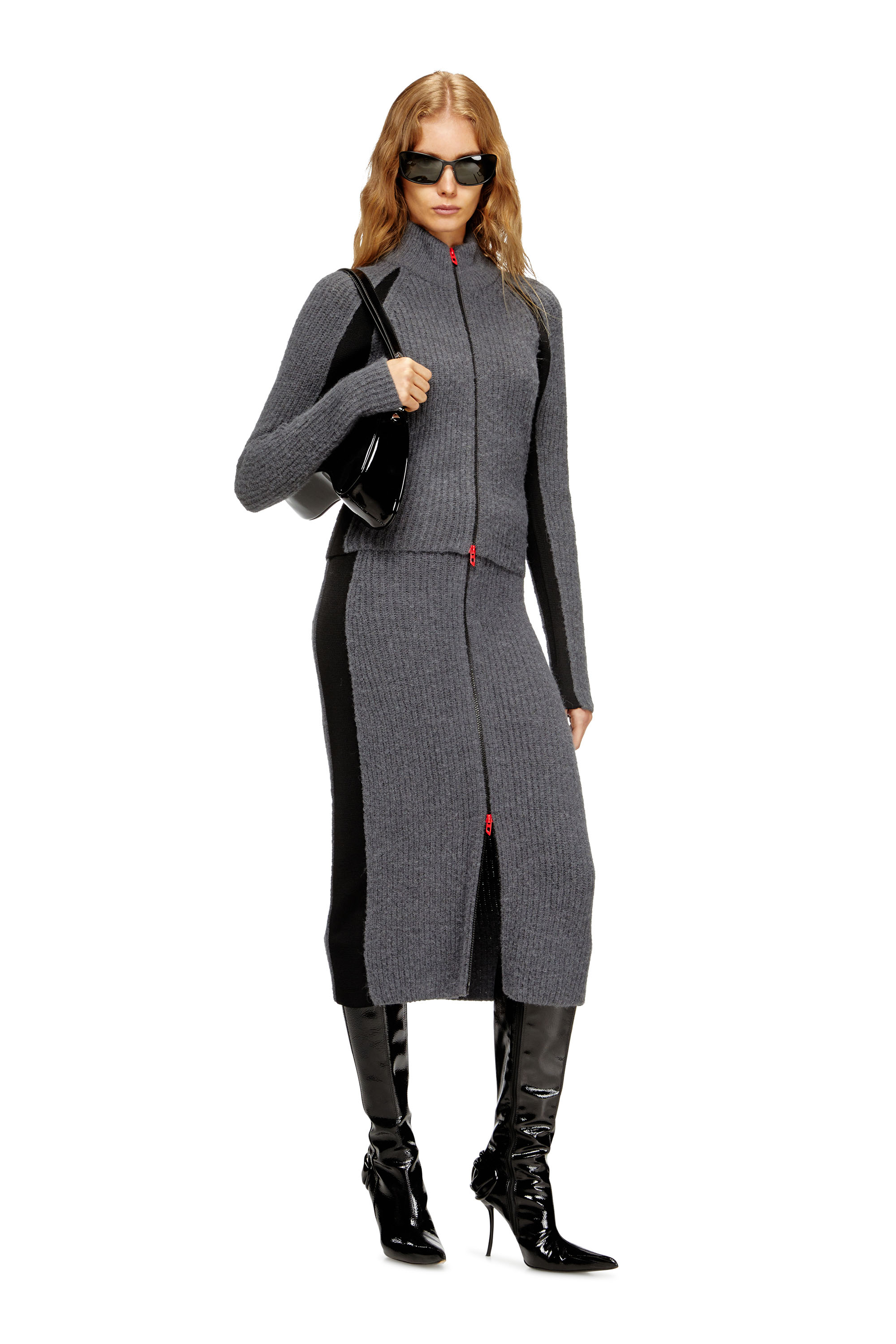 Diesel - M-LOUSI, Woman's Midi skirt in alpaca with front zipper in Grey - 1