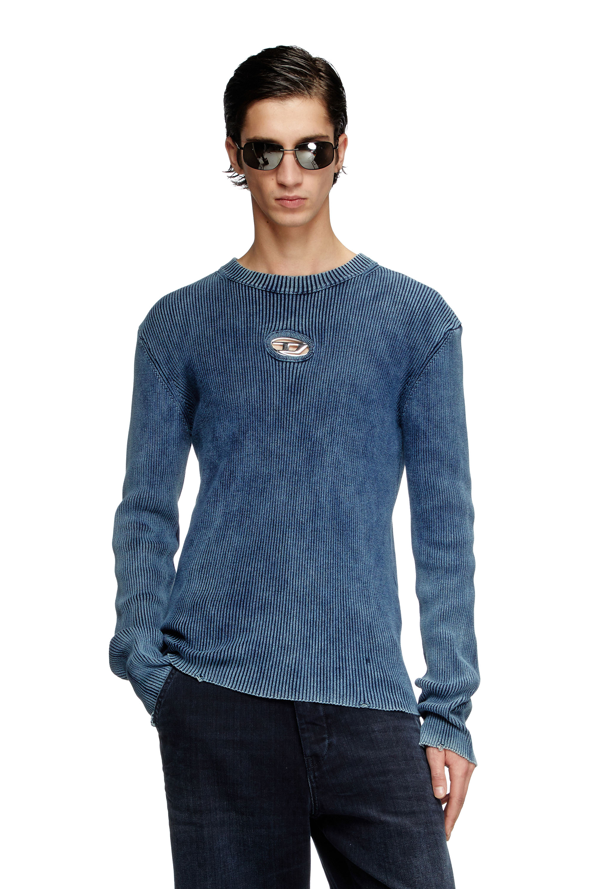 Diesel - K-DARIN-D, Man's Distressed jumper with cut-out logo in Blue - 1