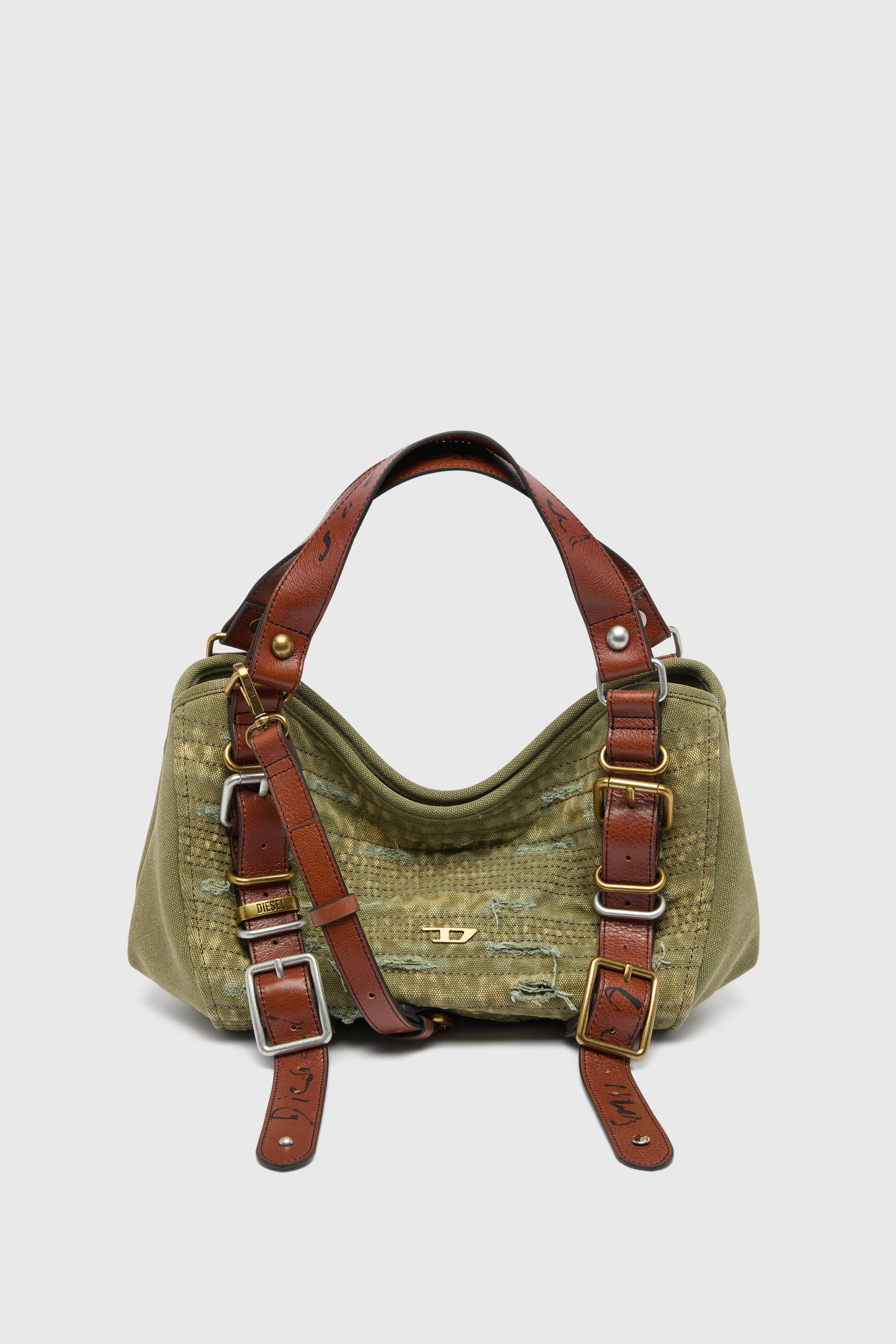 Diesel - D-ONE TOPHANDLE S, Woman's D-One-Small top-handle bag in distressed canvas and leather in Green - 3