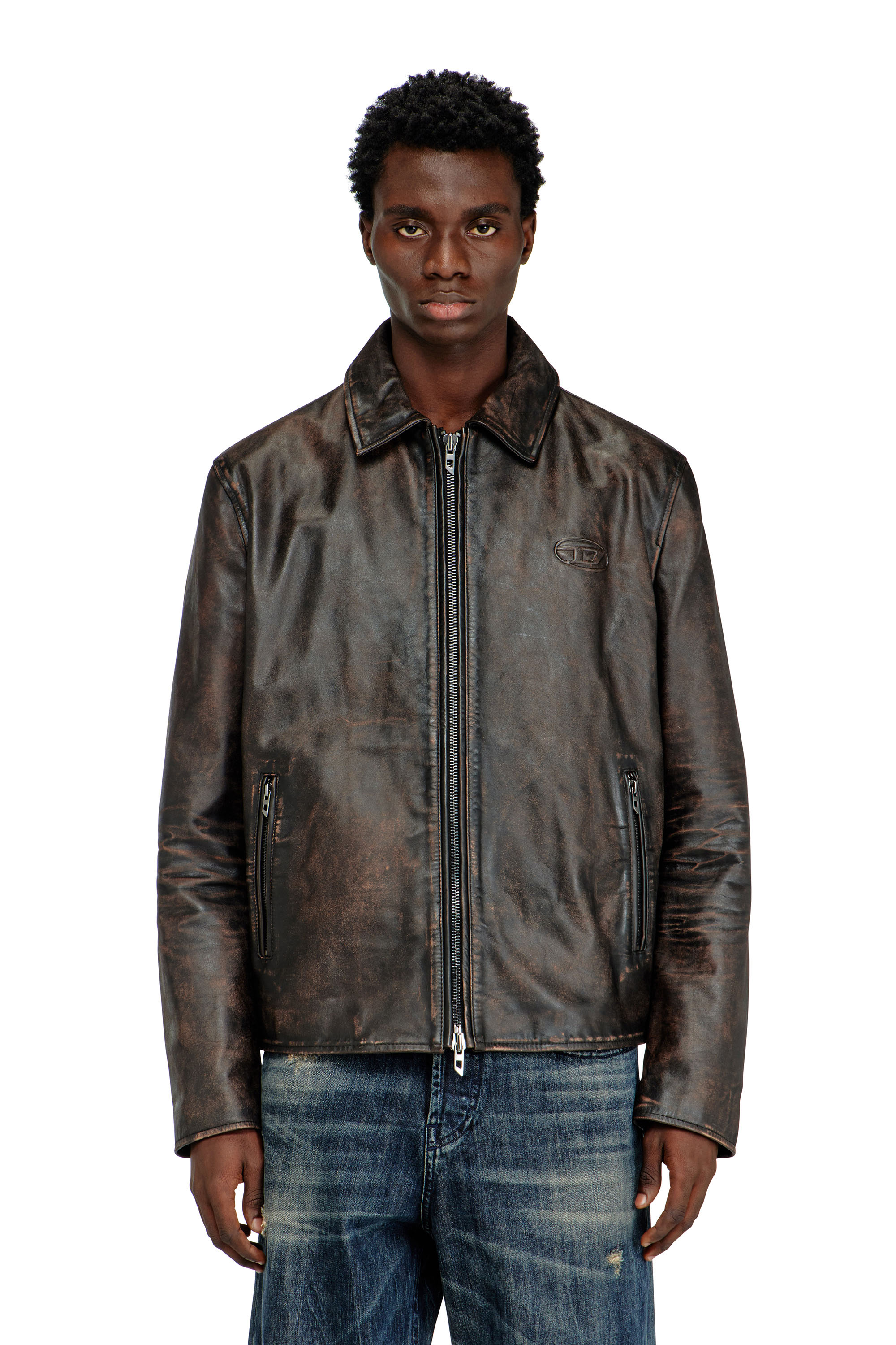 Diesel - L-AMAR-WRD, Man's Coach jacket in treated leather in Brown - 1
