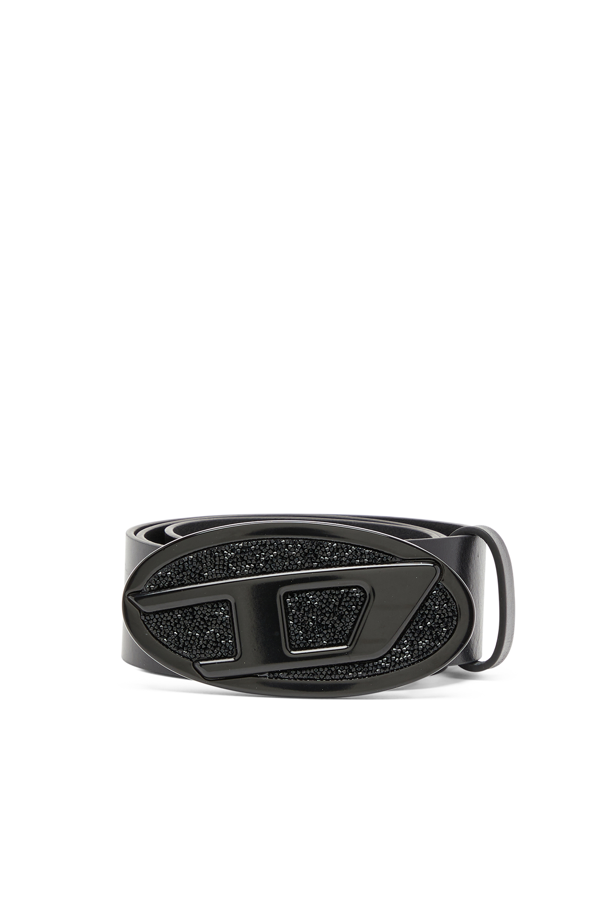 Diesel - B-1DR 2.0 FULL ROCKS, Woman's 4cm leather belt with rhinestone Oval D buckle in Black - 1