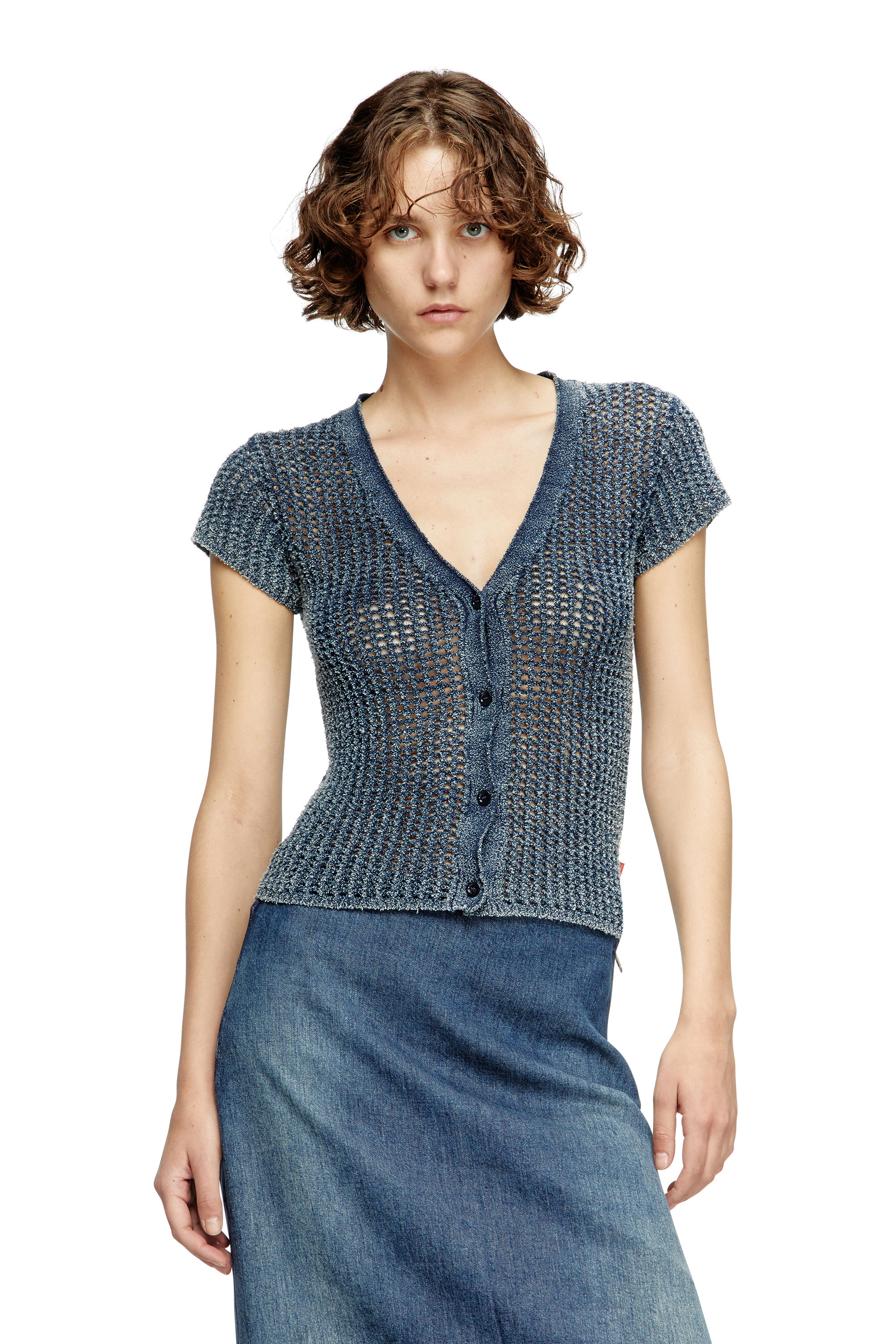 Diesel - M-REZ, Woman's Short-sleeve cardigan in denim mesh knit in Medium blue - 1