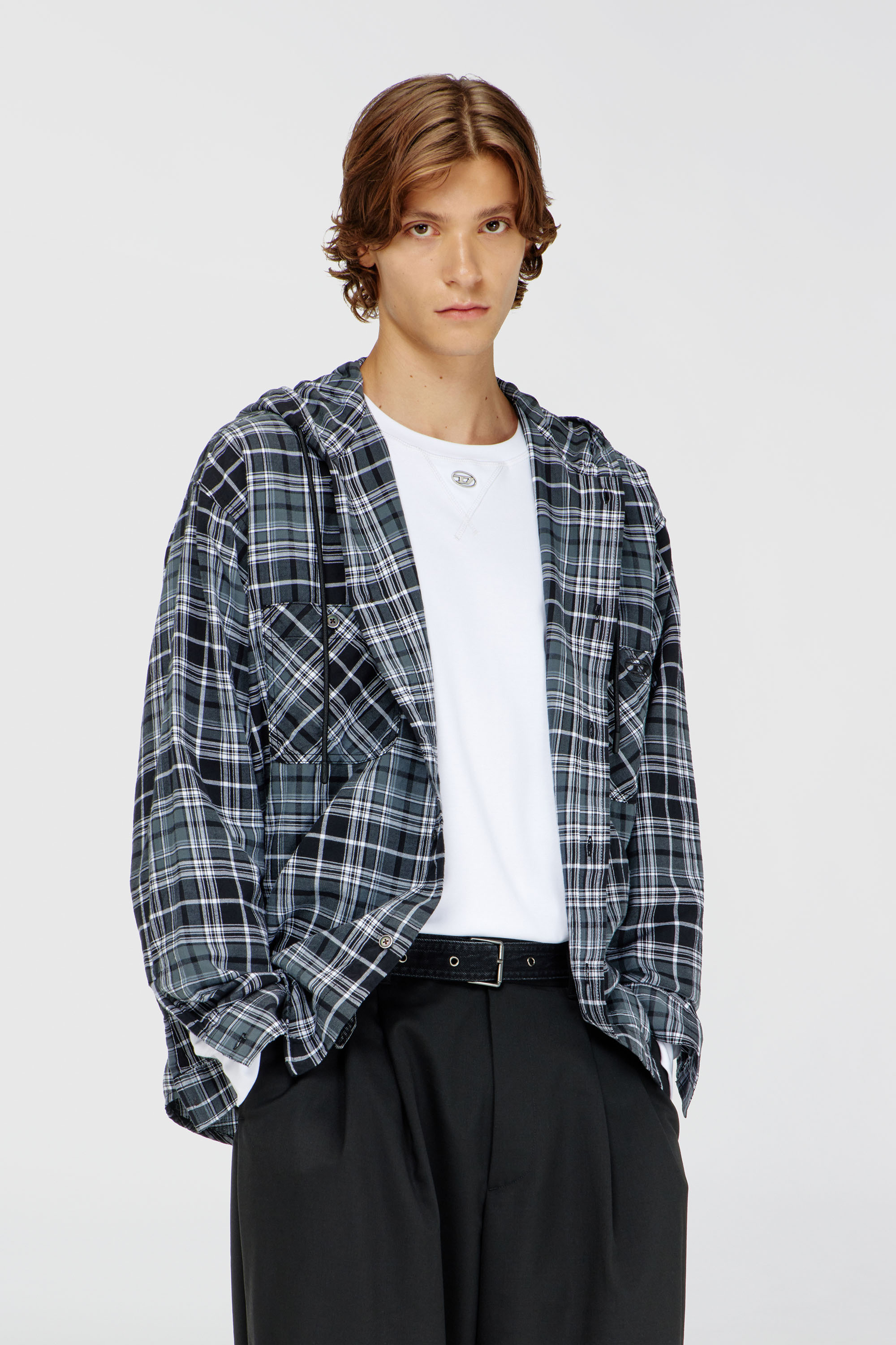 Diesel - S-DRUM-HOODY-DGBT, Man's Hooded shirt in check flannel in Black/White - 1